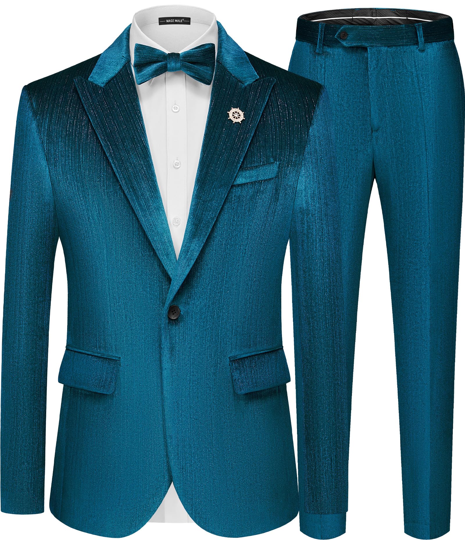 MAGE MALE Mens Suits Velvet Tuxedo Suit Set Slim Fit 2 Piece Luxurious Party Dinner Jacket Pants with Bow Tie