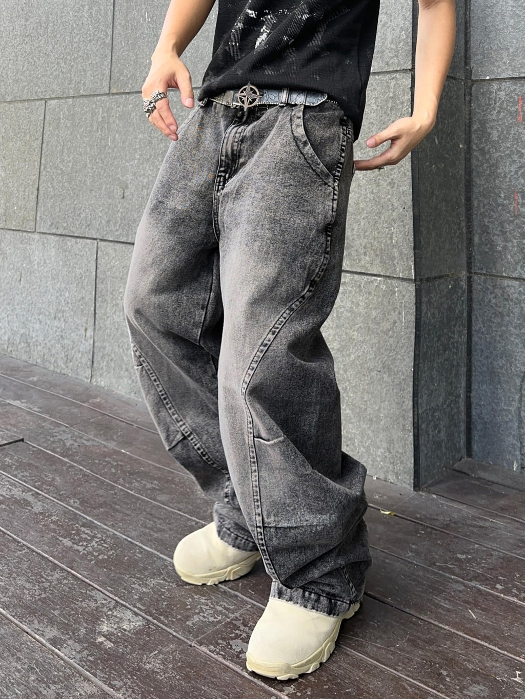 DFGIGT Men's Irregular Sutures Y2k Hip Hop Baggy Jeans Wide Leg Denim Pants Casual Loose Fit Trousers Streetwear