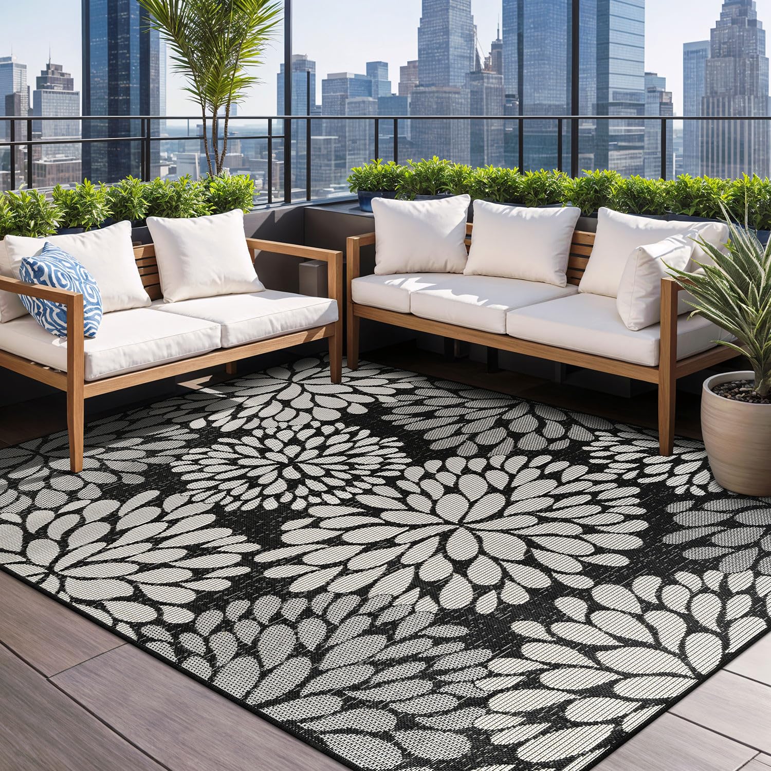 Beverly Rug Outdoor Rug 5x7 Modern Bordered Area Rugs for Indoor and Outdoor Patio Deck Porch Garden Waterproof Weather Sun Resistant Washable Outside Carpet (5 x 7 Beige)