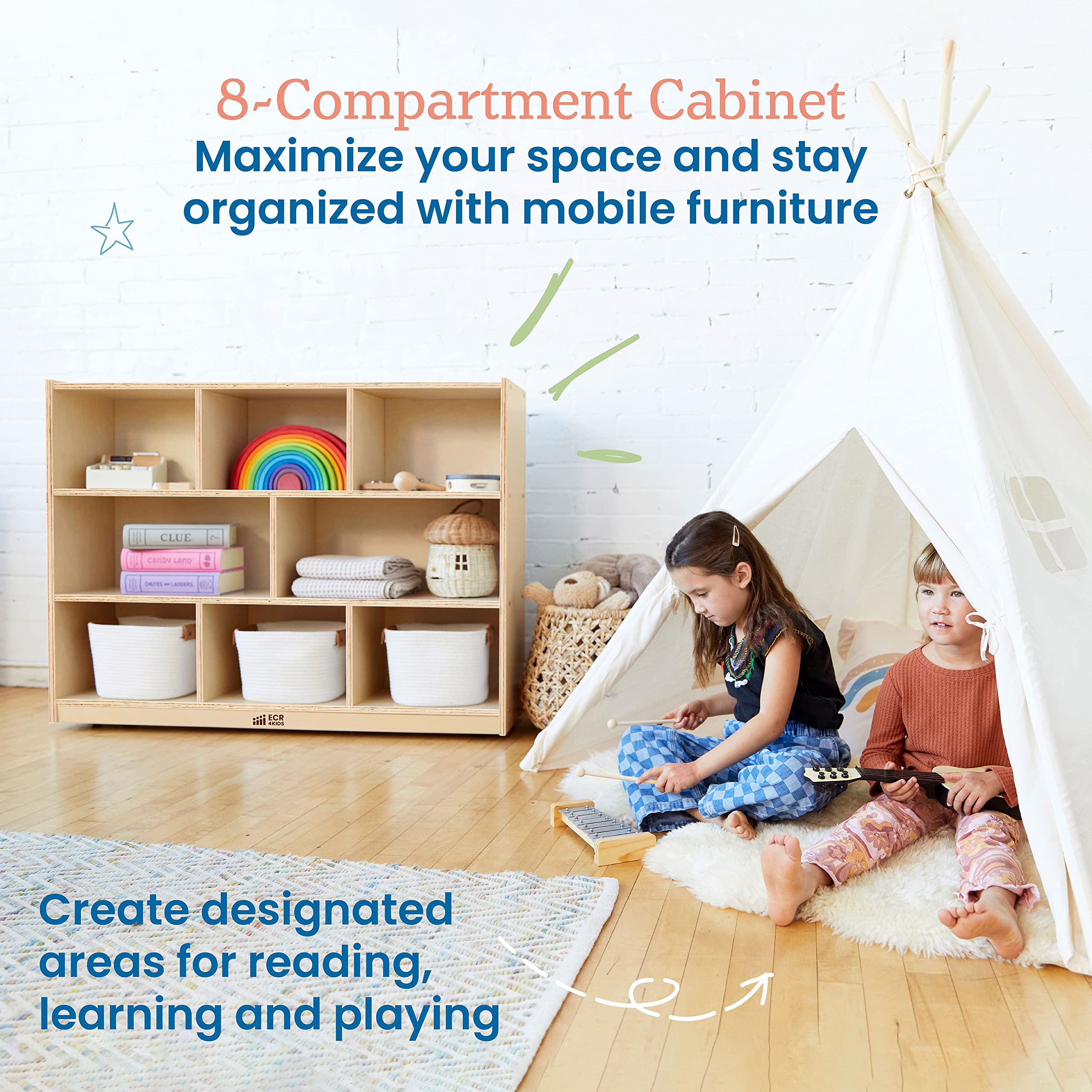 ECR4Kids 8-Compartment Mobile Storage Cabinet, Elementary, Classroom Furniture, Grey Wash