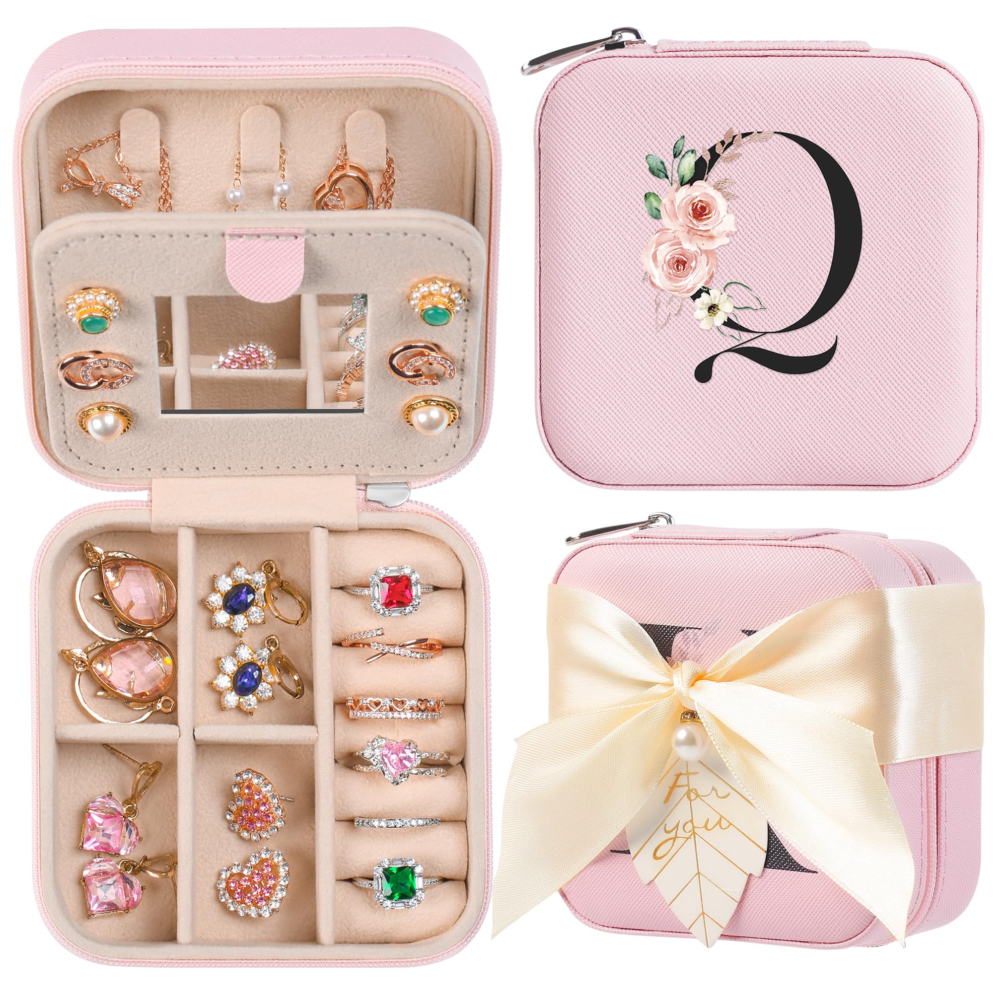 AYGXU Travel Jewelry Box for Women and Girls - Small Case With Initial A-Z - Teacher Gifts