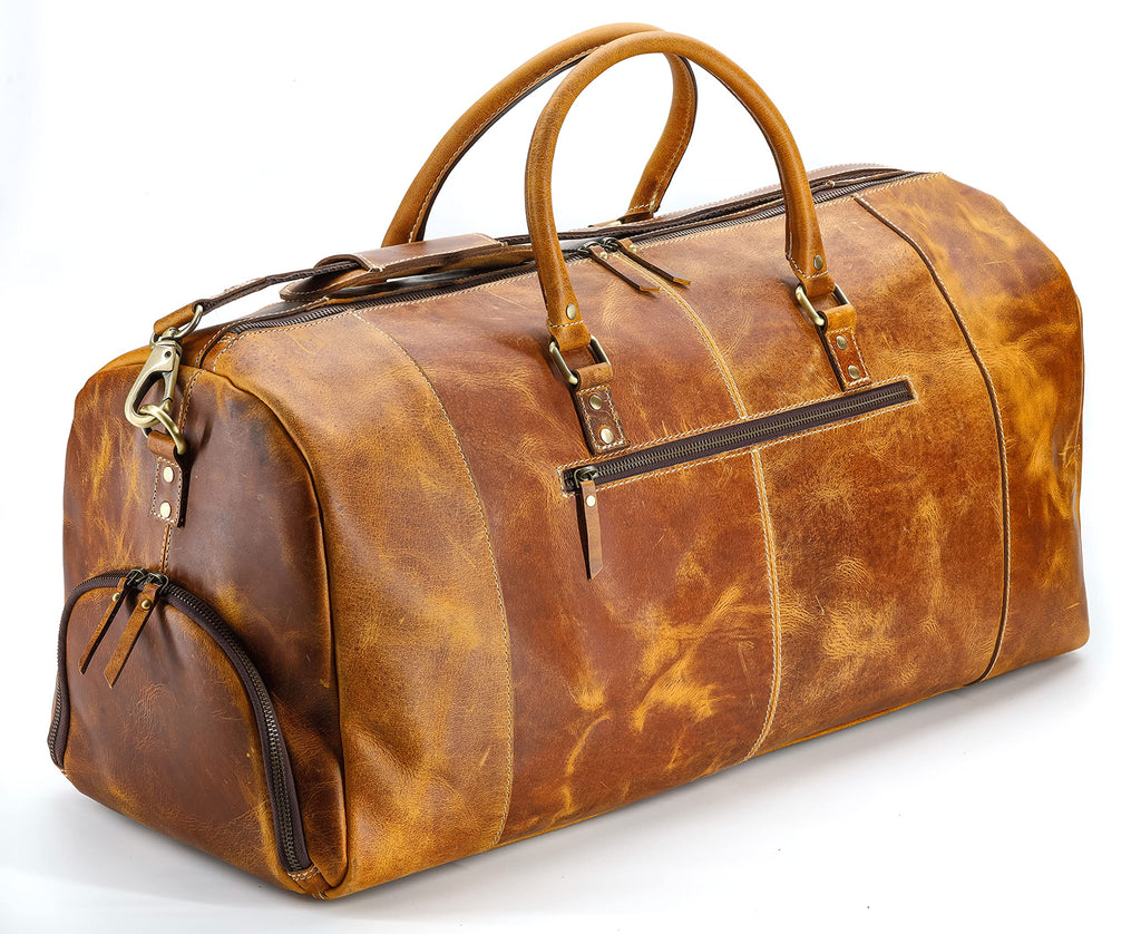 KomalC Leather Duffle Bags for Men and Women Travel Overnight Weekend sports bag holdall Gym Duffel for Men (Dark Tan, 20 Inch)