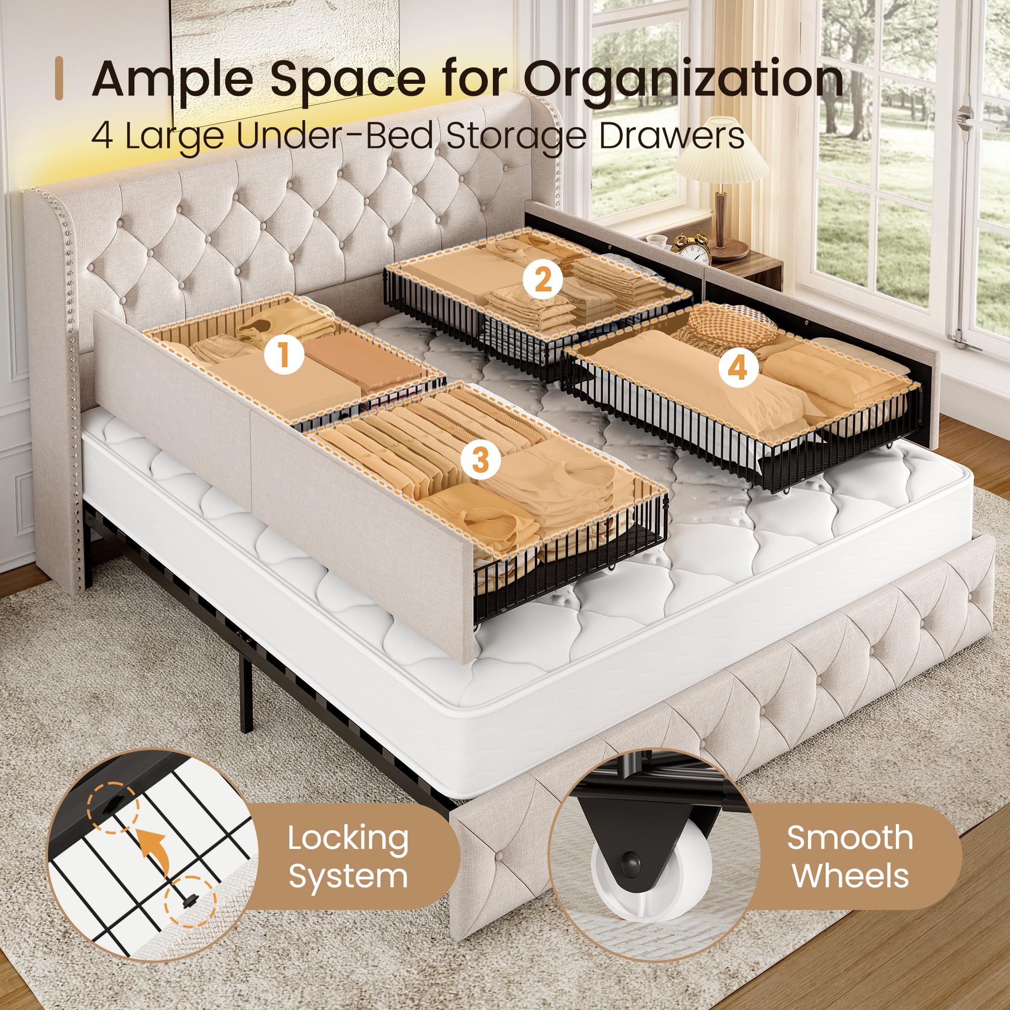 BRELTAM Full Size Bed Frame with Storage Drawers and Wingback Headboard Linen Upholstered Platform Bed Frame Tufted Beds with Heavy Duty Wood Slats, Noise Free, Easy Assembly, Beige