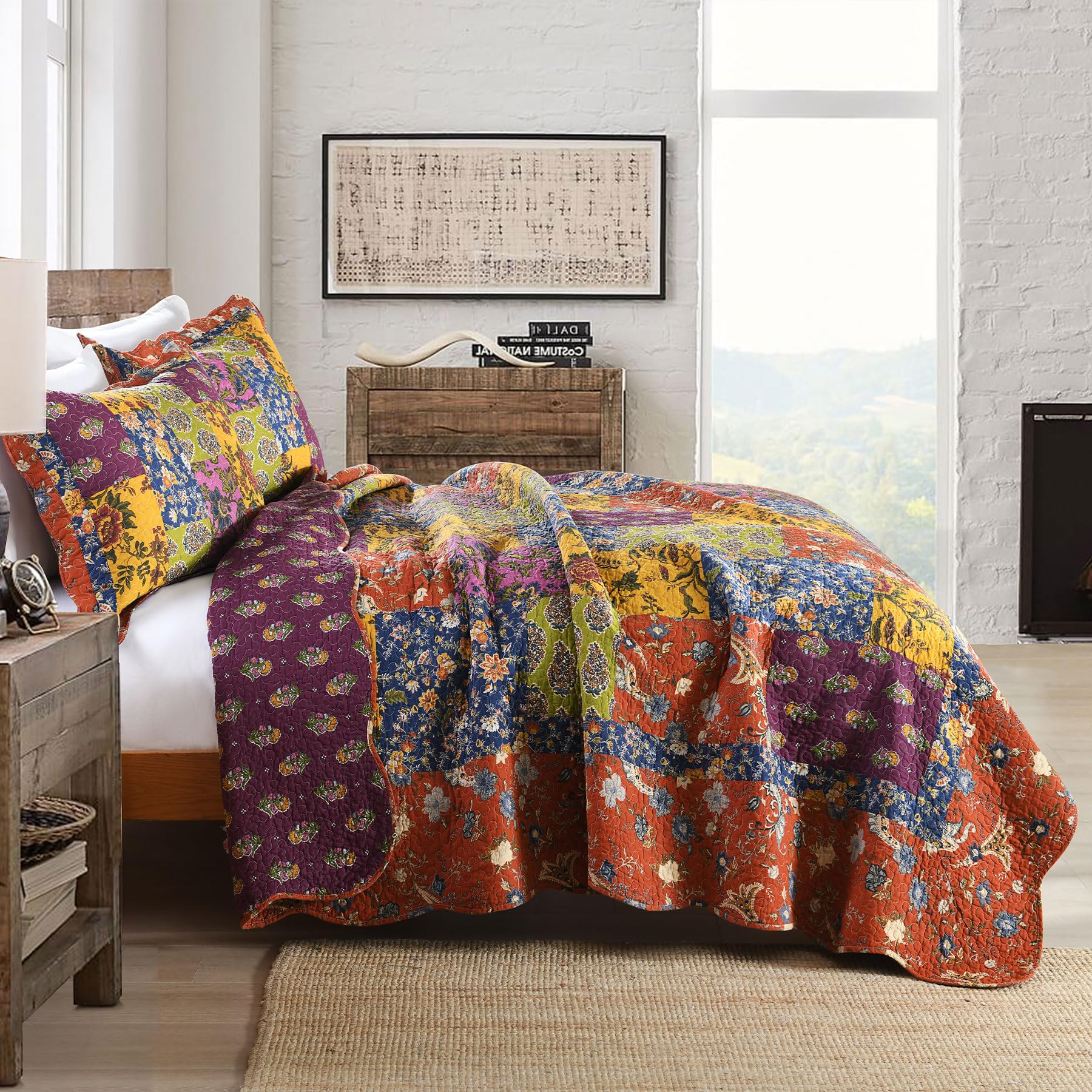 Secgo Twin Comforter Set for Bed - 100% Cotton Quilts Twin Size, Black Bedspreads with 2 Pillow Shams, Patchwork Reversible Lightweight Bedding