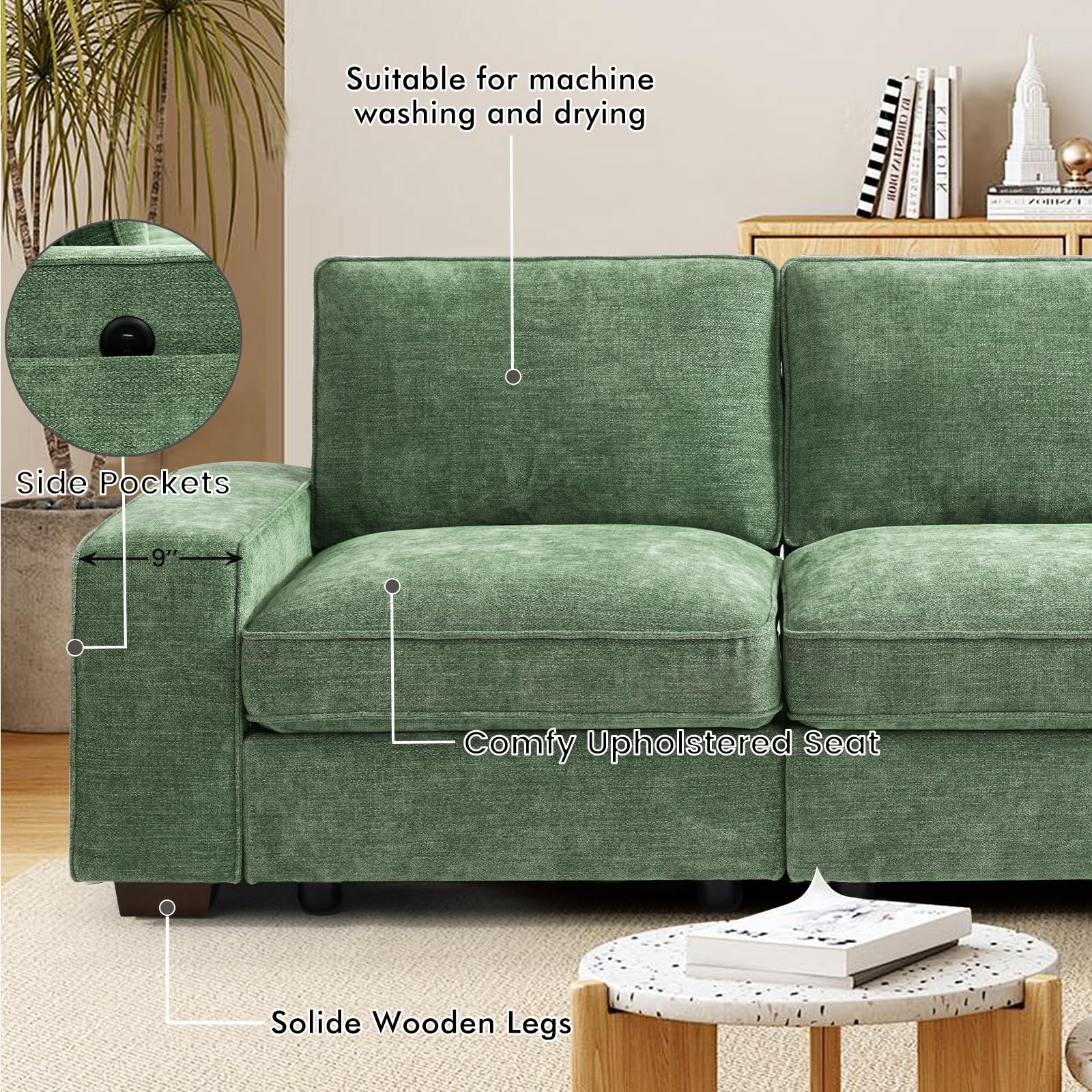 TEKAMON 100" Modular Sectional Sofa with Seats Storage, L Shaped Couch with Movable Ottoman for Living Room, Couch with Chaise, Solid Wood Frame, Spring Cushions, USB Port, Removable Covers, Beige