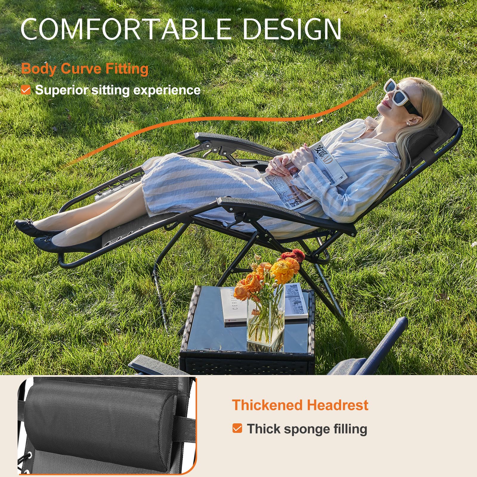 Sweetcrispy Zero Gravity Chairs, Set of 4 Portable Recliner Beach Camping Patio Outdoor Folding Lounge Chair with Cup Holder Trays and Adjustable Pillow for Poolside, Garden, Backyard, Lawn, Black