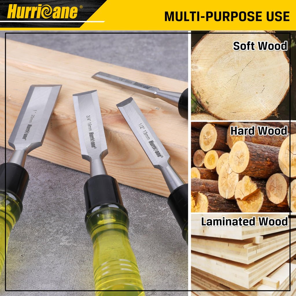 HURRICANE 4 Piece Wood Chisel Set for Woodworking. CR-V Steel Beveled Edge Blades with Safety Caps. Extra Large Grip, Impact-Resistant PVC Handle Chisels (1/4", 1/2", 3/4", 1")