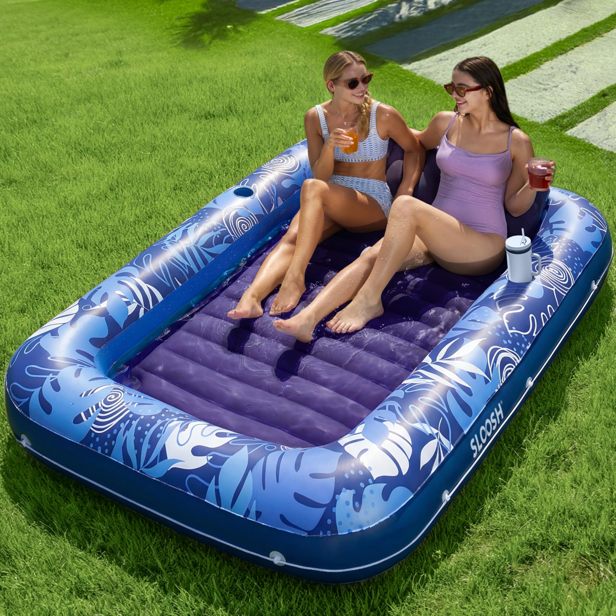 SLOOSH Inflatable Tanning Pool Lounger Float, 85" x 57" Extra Large Pool Floats Adult with Pillow, 4 in 1 Suntan Tub Raft Floatie,Sunbathing Bed Lounge for Water Blow Up Ball Pit Party Gifts, XL-Blue