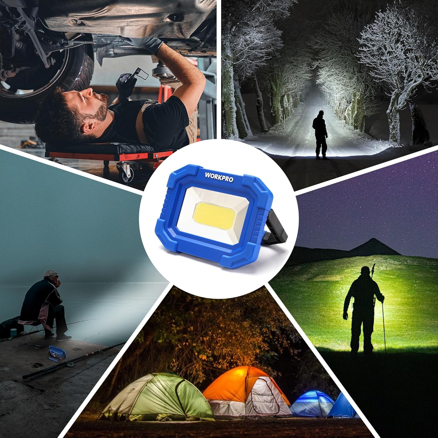WORKPRO LED Work Light, Rechargeable Magnetic Work Lights with Stand, Portable 2000LM COB Flood Light for Camping, Fishing, Car Repair, Job Site Lighting, Hiking, 4 Modes, 2 Pack
