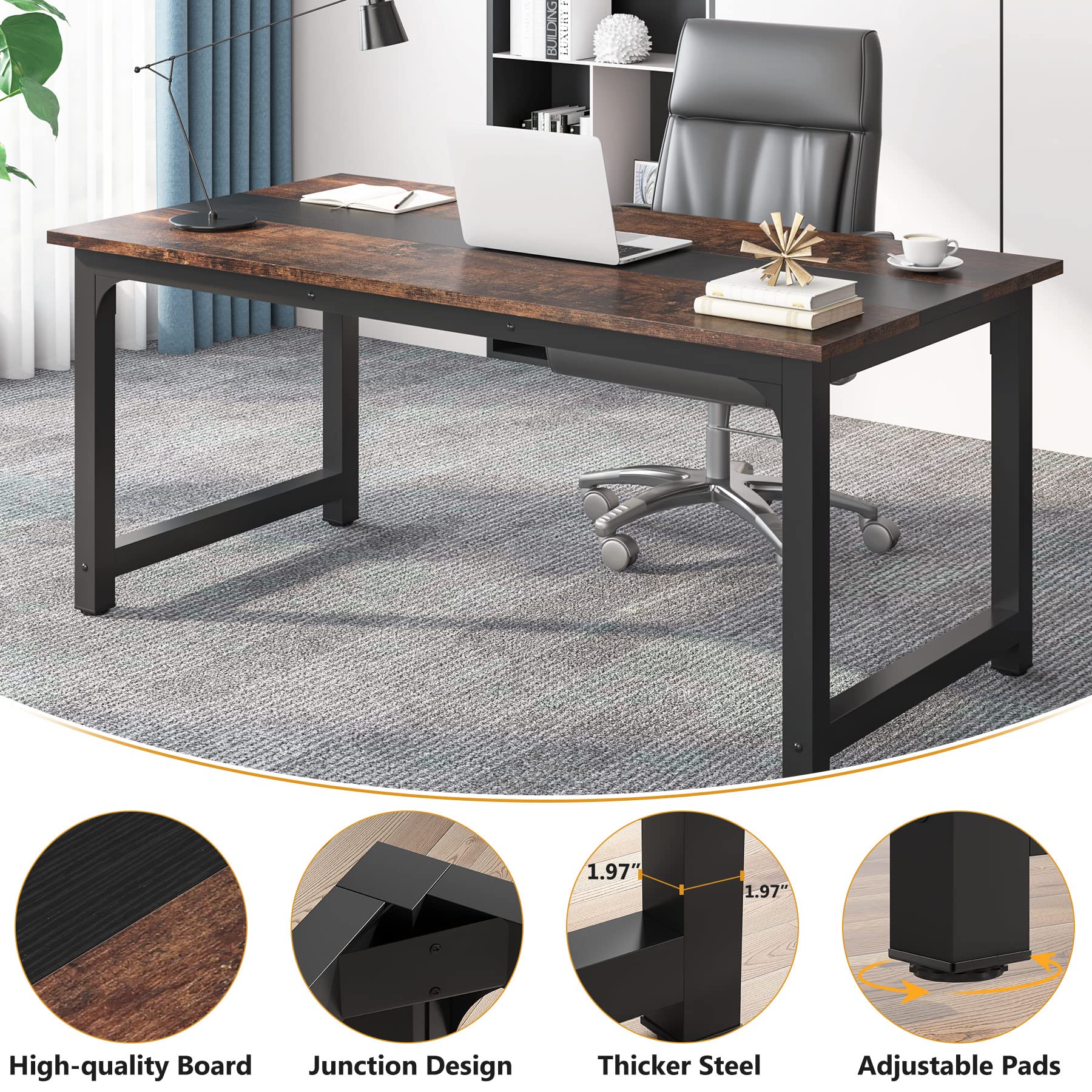 Tribesigns 63” Executive Desk, Large Office Computer Desk with Thicken Frame, Modern Simple Workstation Business Furniture for Home Office, Rustic Brown/Black