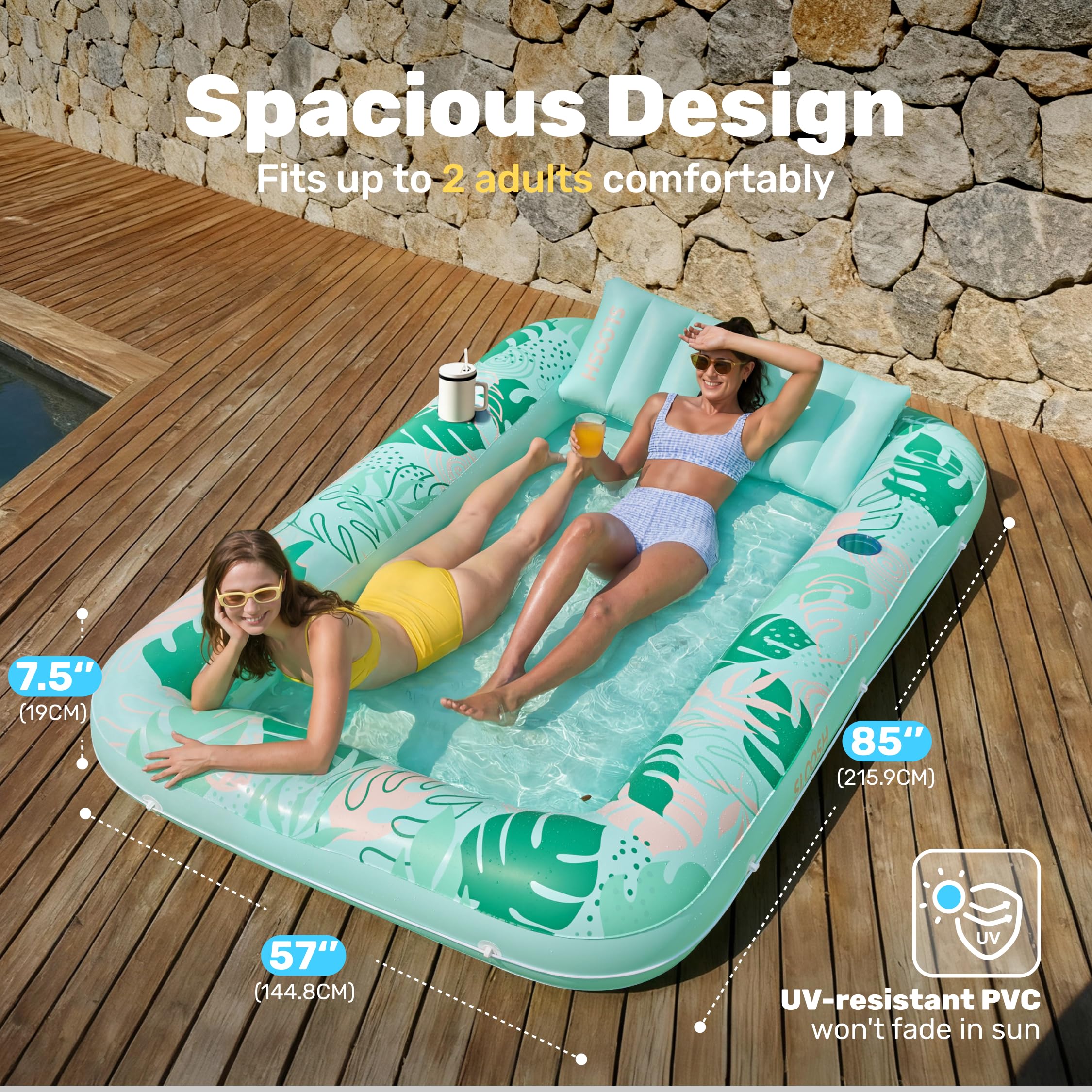 SLOOSH Inflatable Tanning Pool Lounger Float, 85" x 57" Extra Large Pool Floats Adult with Pillow, 4 in 1 Suntan Tub Raft Floatie,Sunbathing Bed Lounge for Water Blow Up Ball Pit Party Gifts, XL-Blue