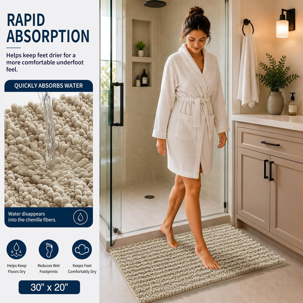 Yimobra Black Bathroom Rug Set 3 Piece - Super Absorbent Quick Dry Chenille Bath Mats & Toilet Rug, Non Slip Machine Washable, Extra Thick Shaggy Floor Mat for Shower Tub Sink