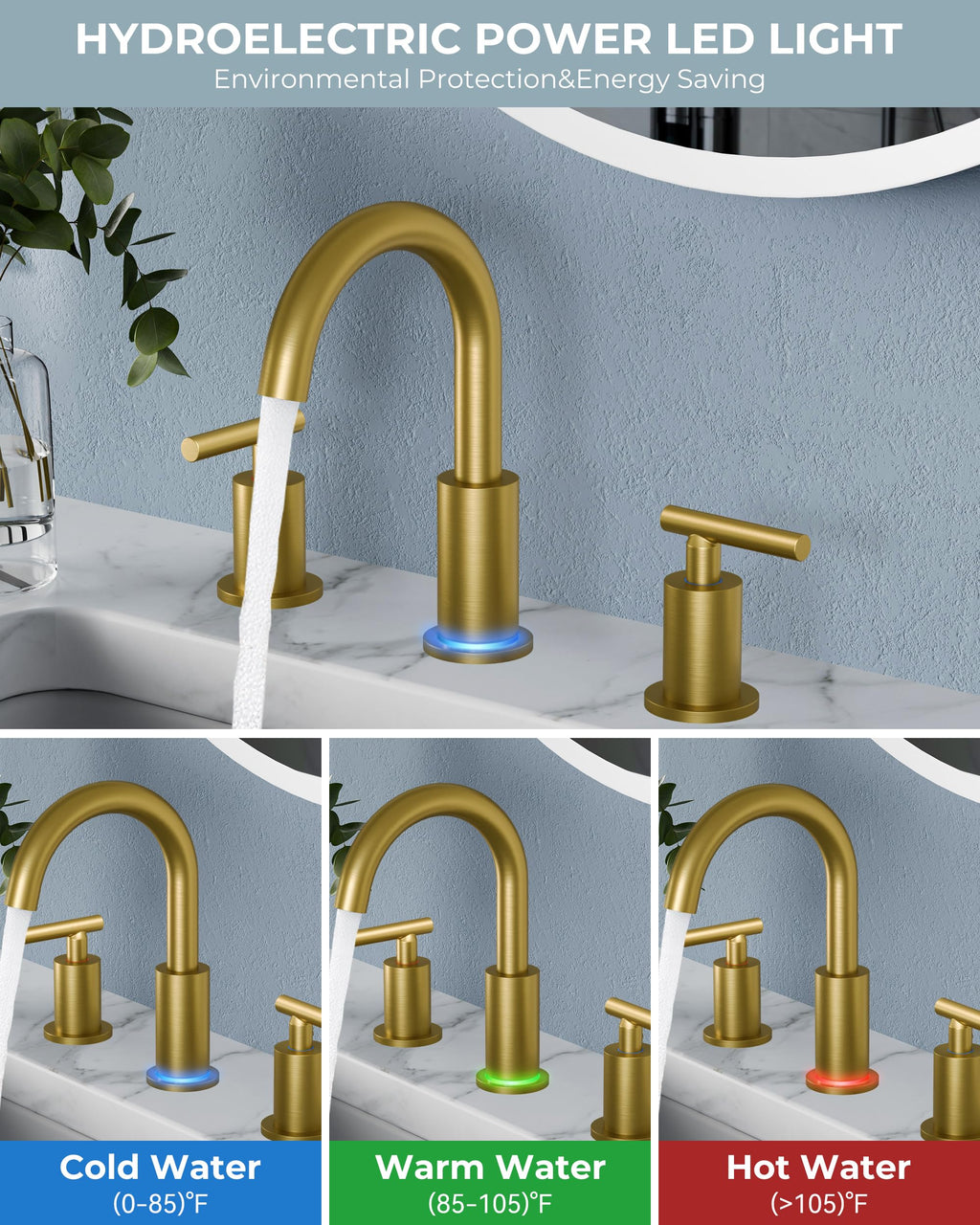 FORIOUS 4" Brushed Gold Bathroom Faucet Centerset 4 Inch, 2 Handle 2 Hole Gold Faucets for Bathroom Vanity wtih Metal Pop Up Dain, CUPC Supply Hose, High Arc Swivel Spout