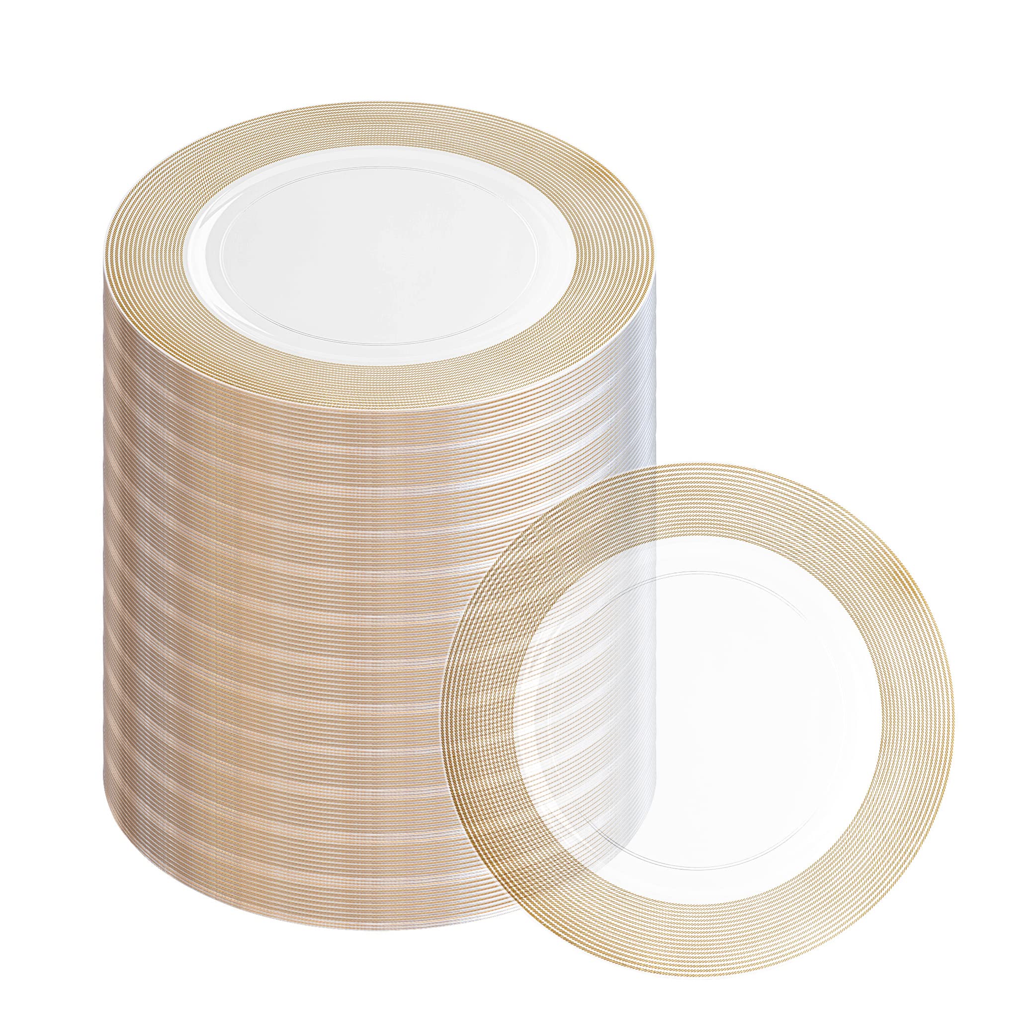 PARTY BARGAINS 13-Inch Charger Plates - 96 Pack, Clear Gold Rim, Heavy-Duty Disposable Chargers for Elegant Dining - Ideal for Weddings and Formal Events