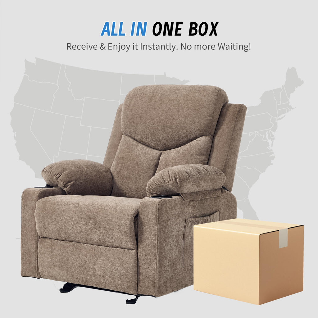 Manual Rocker Recliner Chair for Adults with Massage, Overstuffed Glider Rocking Chair with Cup Holders and Pockets for Living Room, Reclining Sofa Chair for Bedroom Nursery,Beige