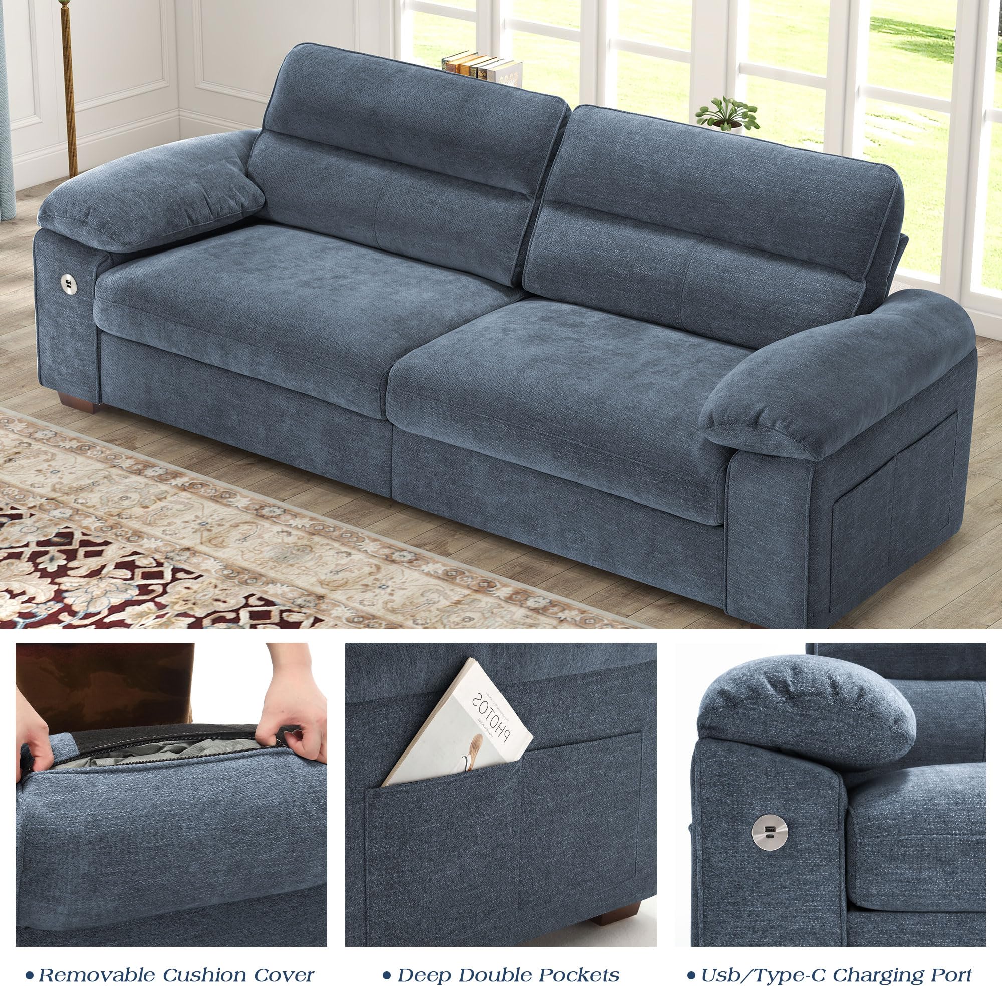 WorthFurni Sofas for Living Room, Chenille Loveseat Couch Set, Small Sofa, 3 Seater Sofa, USB Charging, Removable Sofa Cover,Solid Wood Frame, Easy to Install(70inch,Beige)