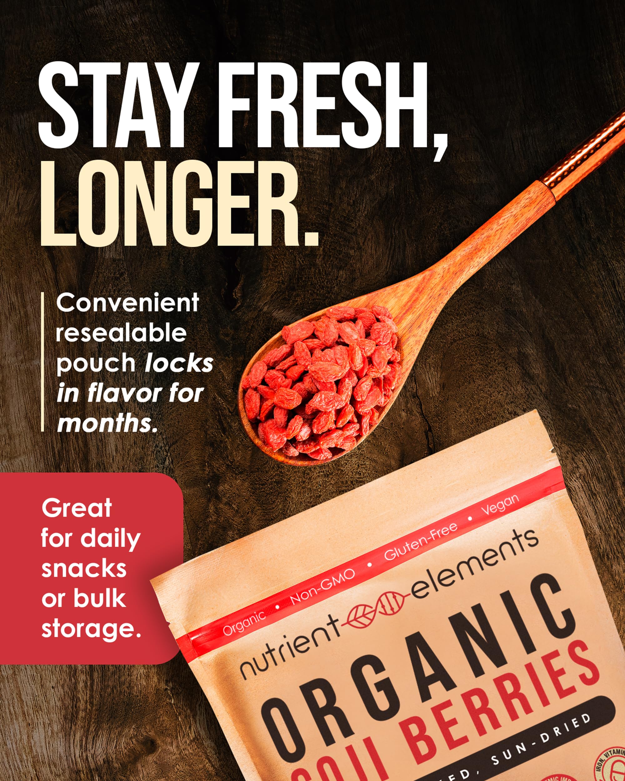 Nutrient Elements Goji Berries – 2 lb/32 oz – USDA Organic, Raw, Sun-Dried, Hand-Picked – Extra Large Dried Berries – Resealable Bag – Naturally Grown, No Additives
