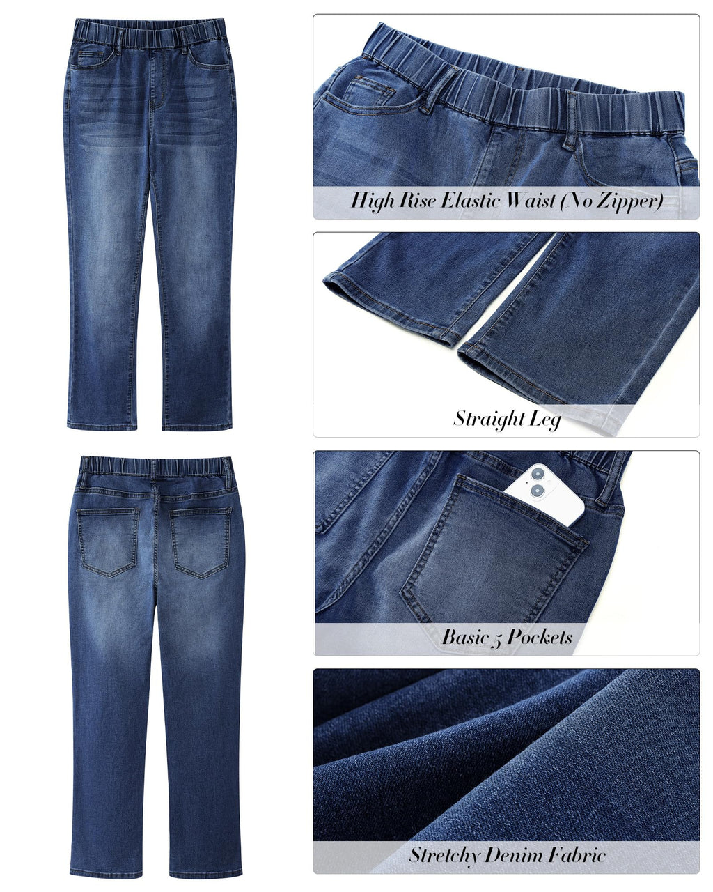 GRAPENT Straight Leg Jeans for Women Trendy Pull On High Waisted Cropped Elastic Waist Stretchy Denim Pants Ankle Jeans