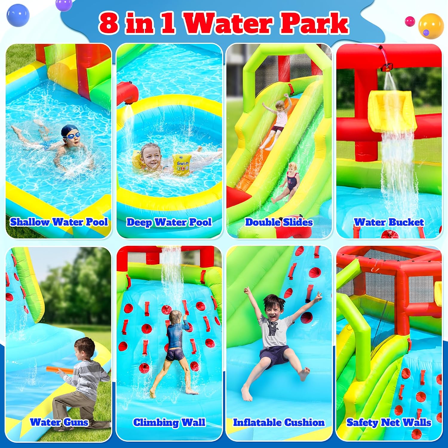 WELLFUNTIME Inflatable Water Slide Park, Bouncy Castle with Deep Pool, 191 x 157.5 x 100 Inch, Jumping Castle with Air Blower