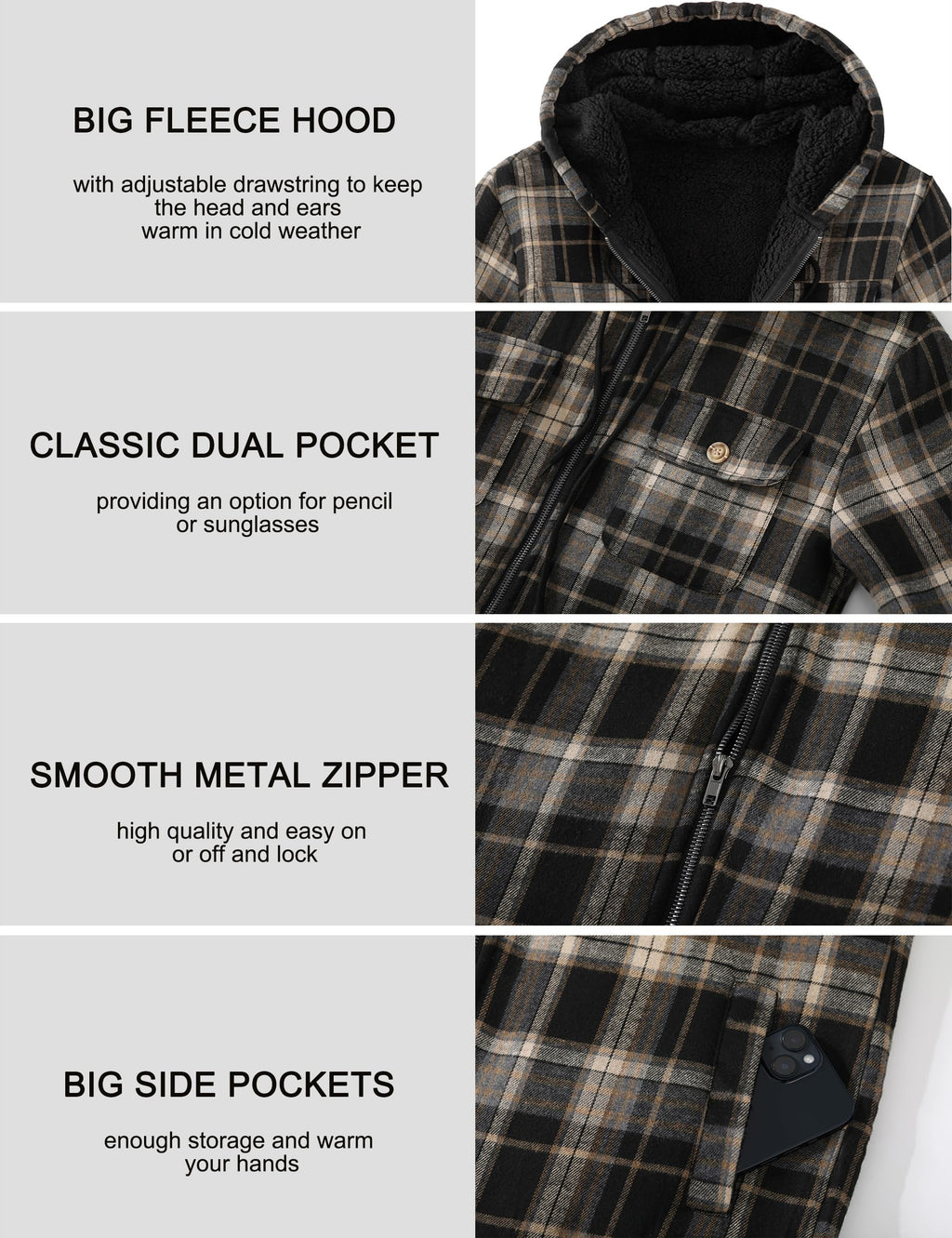 Men's Flannel Plaid Hooded Jackets Full Zip Sherpa Fleece Lined Hoodies Fashion Warm Coat