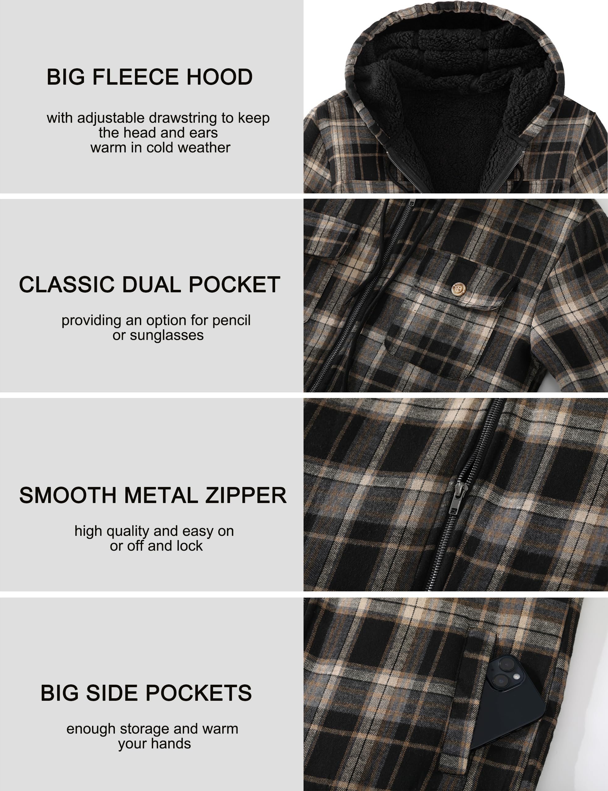 Men's Flannel Plaid Hooded Jackets Full Zip Sherpa Fleece Lined Hoodies Fashion Warm Coat