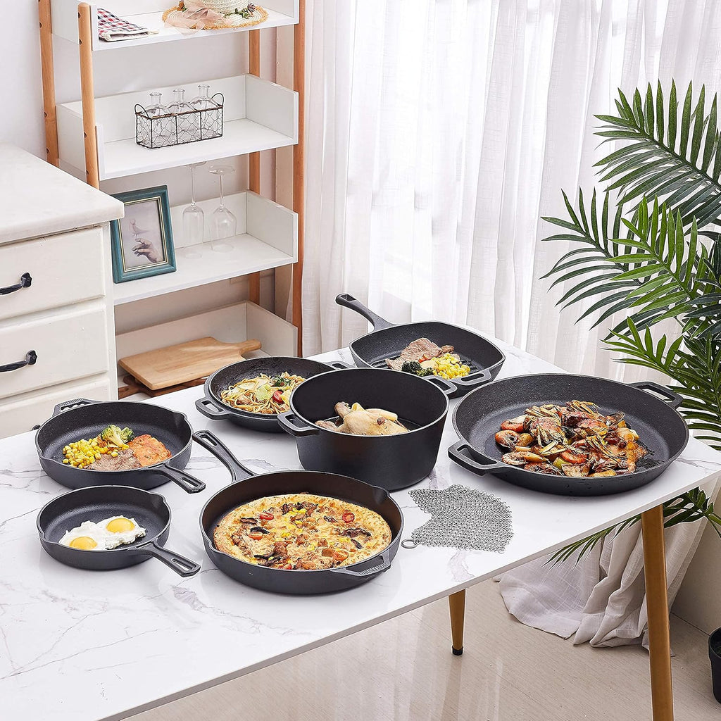 Bruntmor 8 Piece Cast Iron Cookware Set - Pre-Seasoned Pots and Pans Set with Cast Iron Skillets, Grill Pan, Dutch Oven, Pizza Pan, and Scrubber - Heavy Duty Cooking for Home Kitchen or Camping