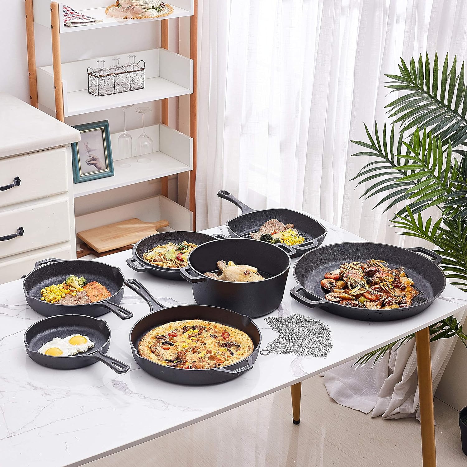 Bruntmor 8 Piece Cast Iron Cookware Set - Pre-Seasoned Pots and Pans Set with Cast Iron Skillets, Grill Pan, Dutch Oven, Pizza Pan, and Scrubber - Heavy Duty Cooking for Home Kitchen or Camping