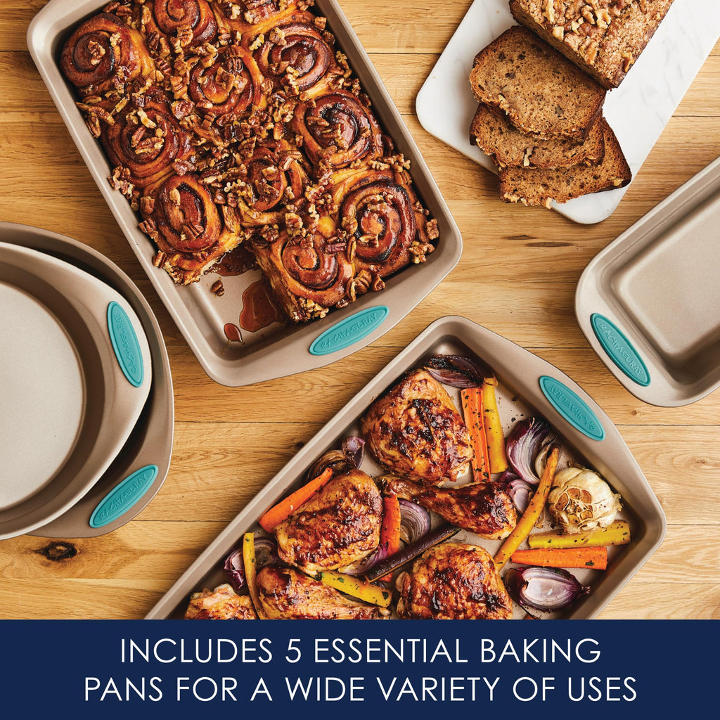 Rachael Ray Cucina Bakeware Set Includes Nonstick Cake Cookie Baking Sheet and Muffin Cupcake Pan, 4 Piece, Latte Brown with Agave Blue Grips