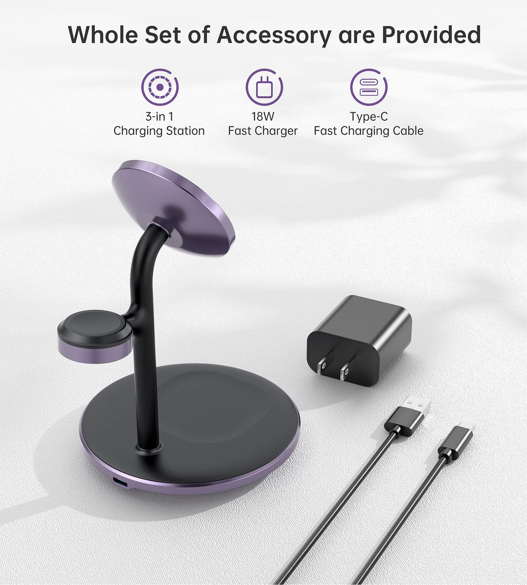 XooFly 3 in 1 Wireless Charging Station for Apple Devices, Fast Wireless Mag-Safe Charger Stand with 20W Adapter for iPhone 17/16 15 14 13 12 Pro Max/Pro/Plus/Air/Mini, iWatch, AirPods (Black)