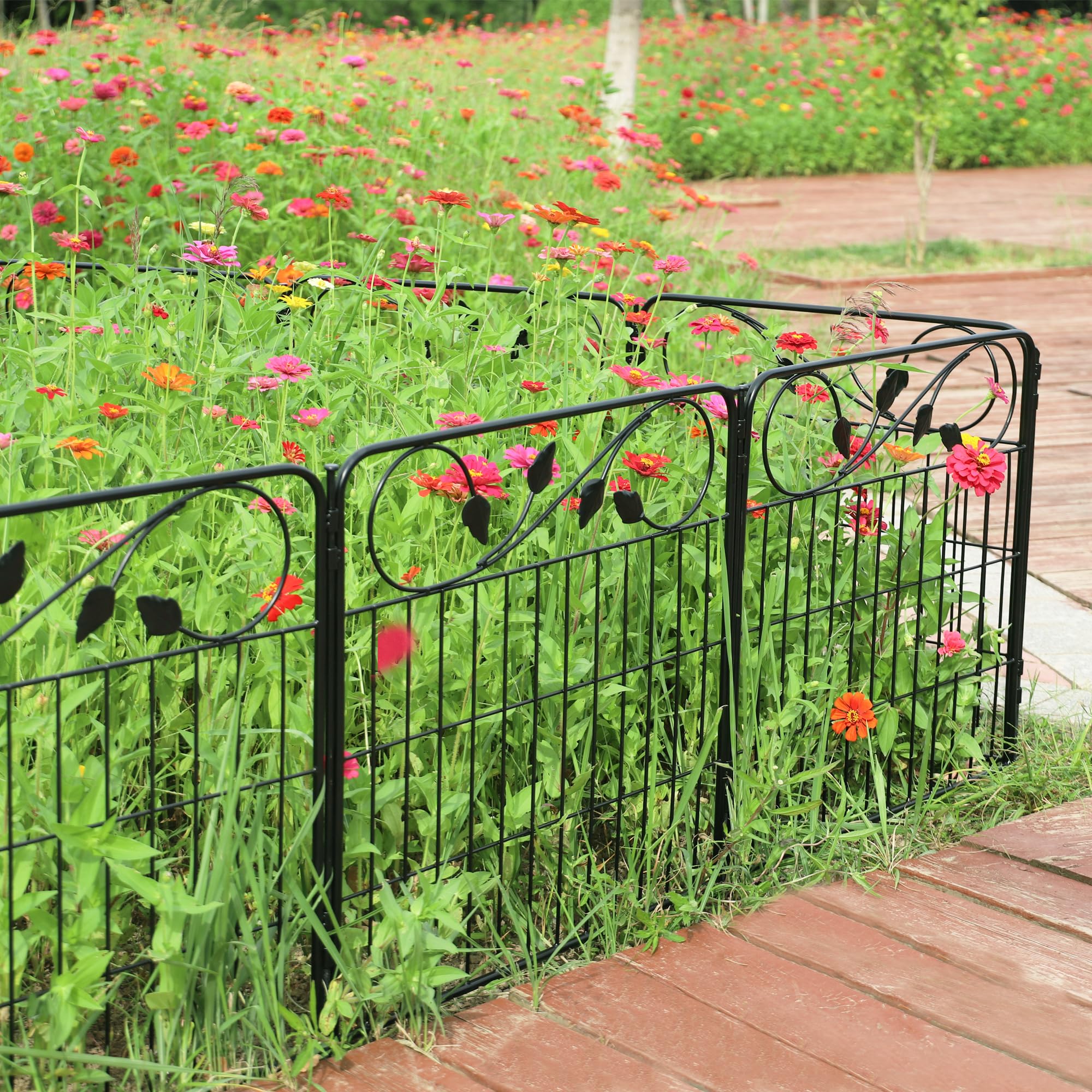 FOREHOGAR Decorative Metal Garden Fence 24in(H) X10ft(L) 5 Panels Leaf Black Rustproof Wire Border Fence for Landscape Patio Flower Bed Garden Fencing Panel Animal Barrier for Dogs