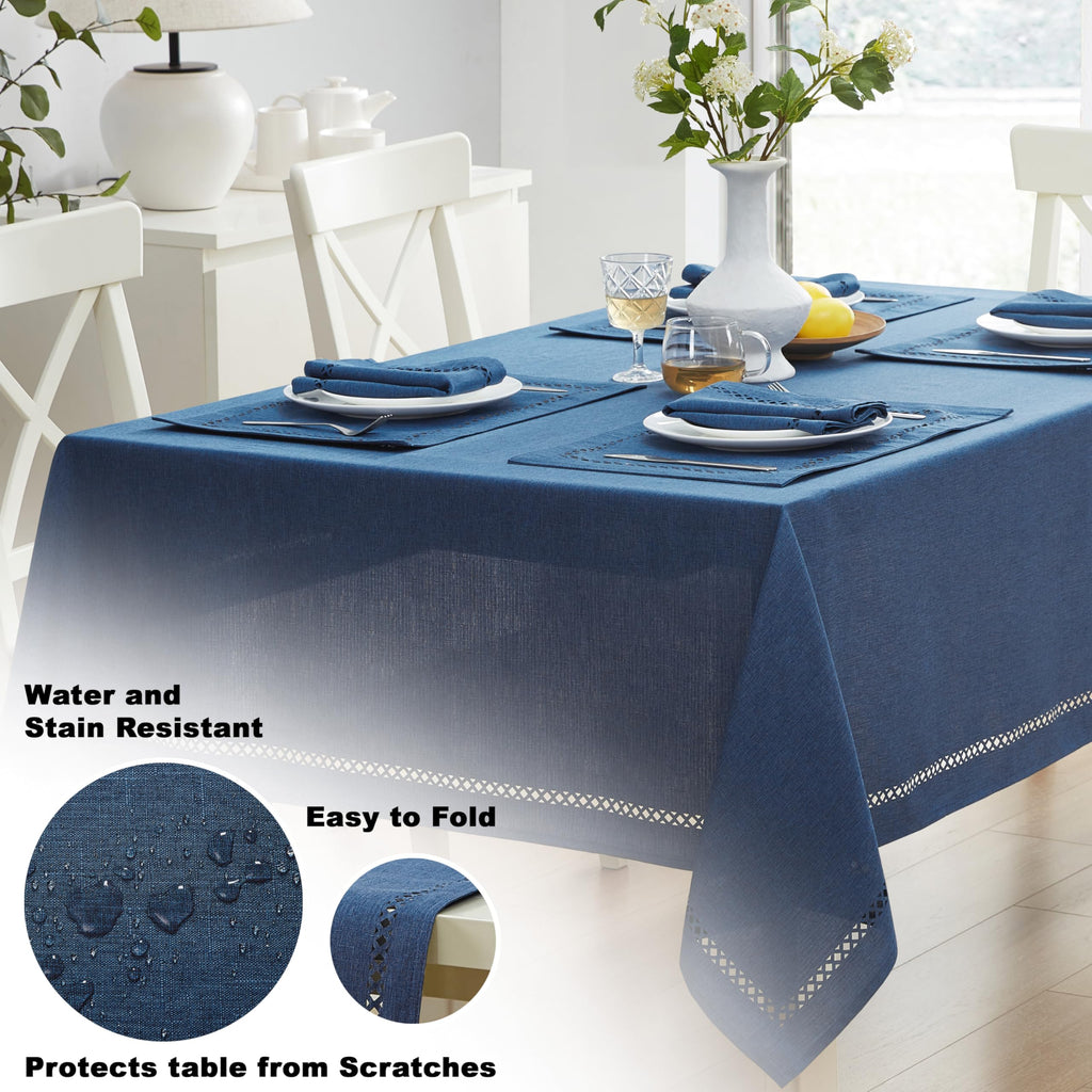 Newbridge Rectangle Fabric Placemats, Set of 4 Placemats, Provence Lattice Cutwork Solid Color Textured, Water and Stain Resistant Easy Care, Denim Blue