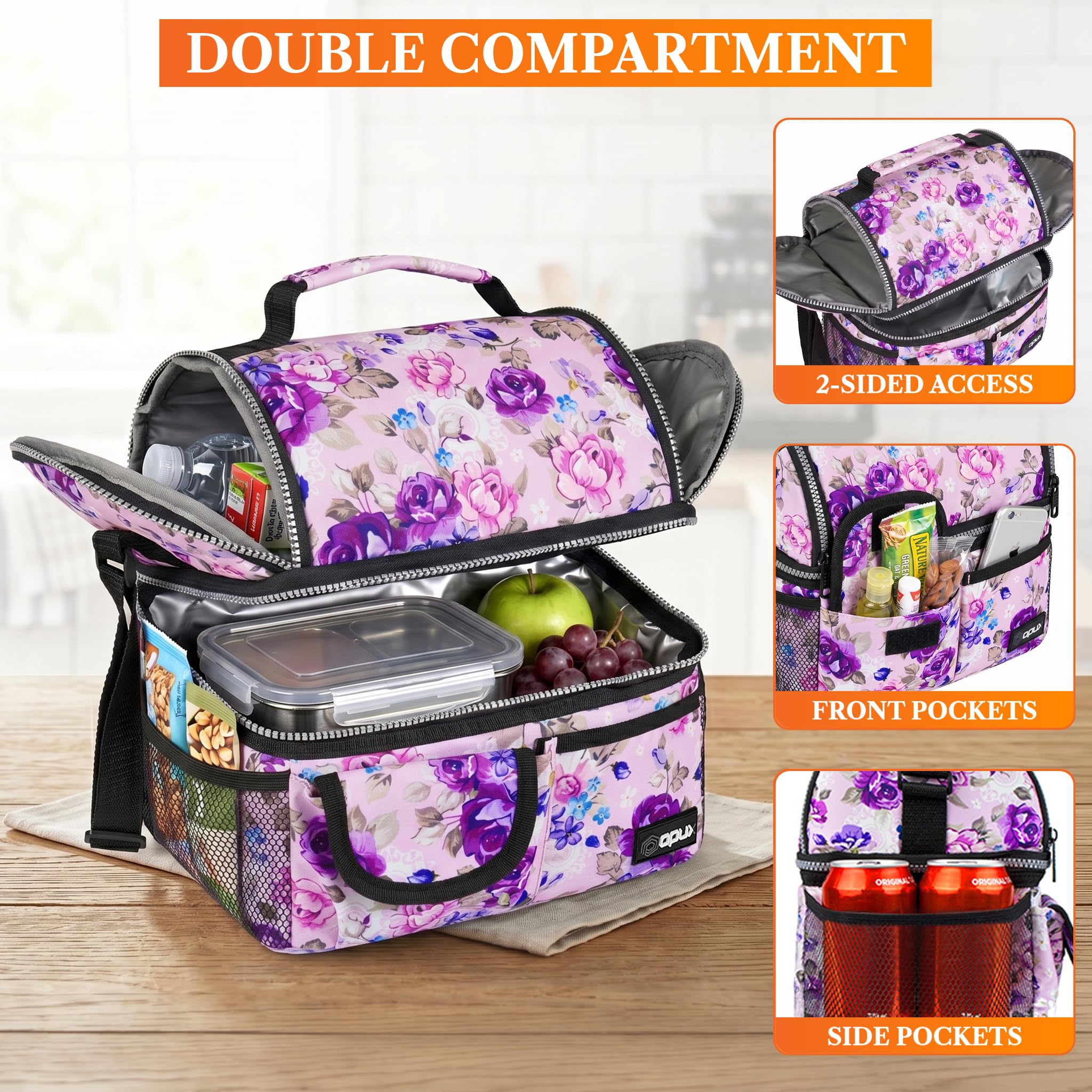 opux Insulated Lunch Bag Women Men, Dual Compartment Leakproof Lunch Box Adults Kids, Double Decker Meal Prep Bento Lunch Cooler Tote with Shoulder Strap for Work Office School Travel, Black