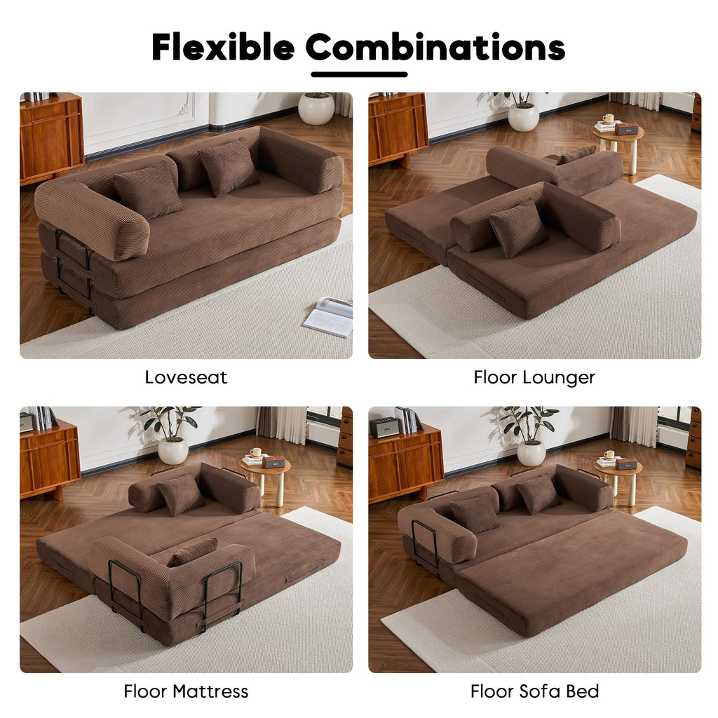 ZEIINPA 59“ Convertible Floor Sofa Bed, 5-in-1 Futon Sofa Bed Pull Out Sleeper Couch, Modern Corduroy Compressed Loveseat, Modular Boneless Couches for Living Room, No Assembly Required, Beige