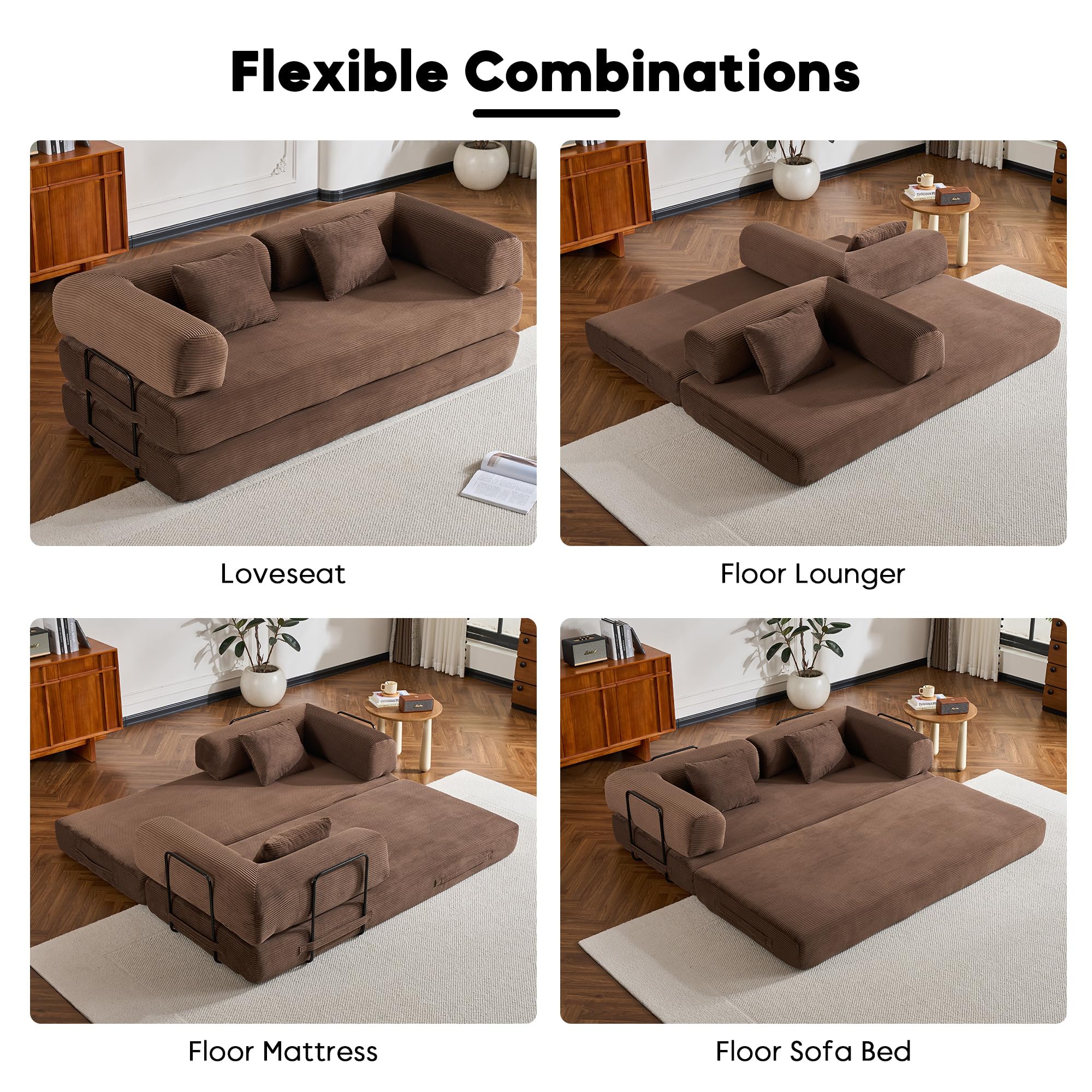 ZEIINPA 59“ Convertible Floor Sofa Bed, 5-in-1 Futon Sofa Bed Pull Out Sleeper Couch, Modern Corduroy Compressed Loveseat, Modular Boneless Couches for Living Room, No Assembly Required, Beige