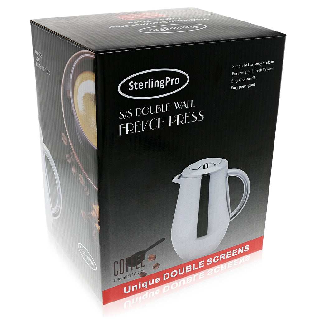SterlingPro Stainless Steel French Press Coffee Maker 1 L (34 oz) Black – Double Walled Insulated Large Coffee Press, Durable Design Keeps Drinks Hot, Easy to Use and Clean for Rich Flavor Brewing