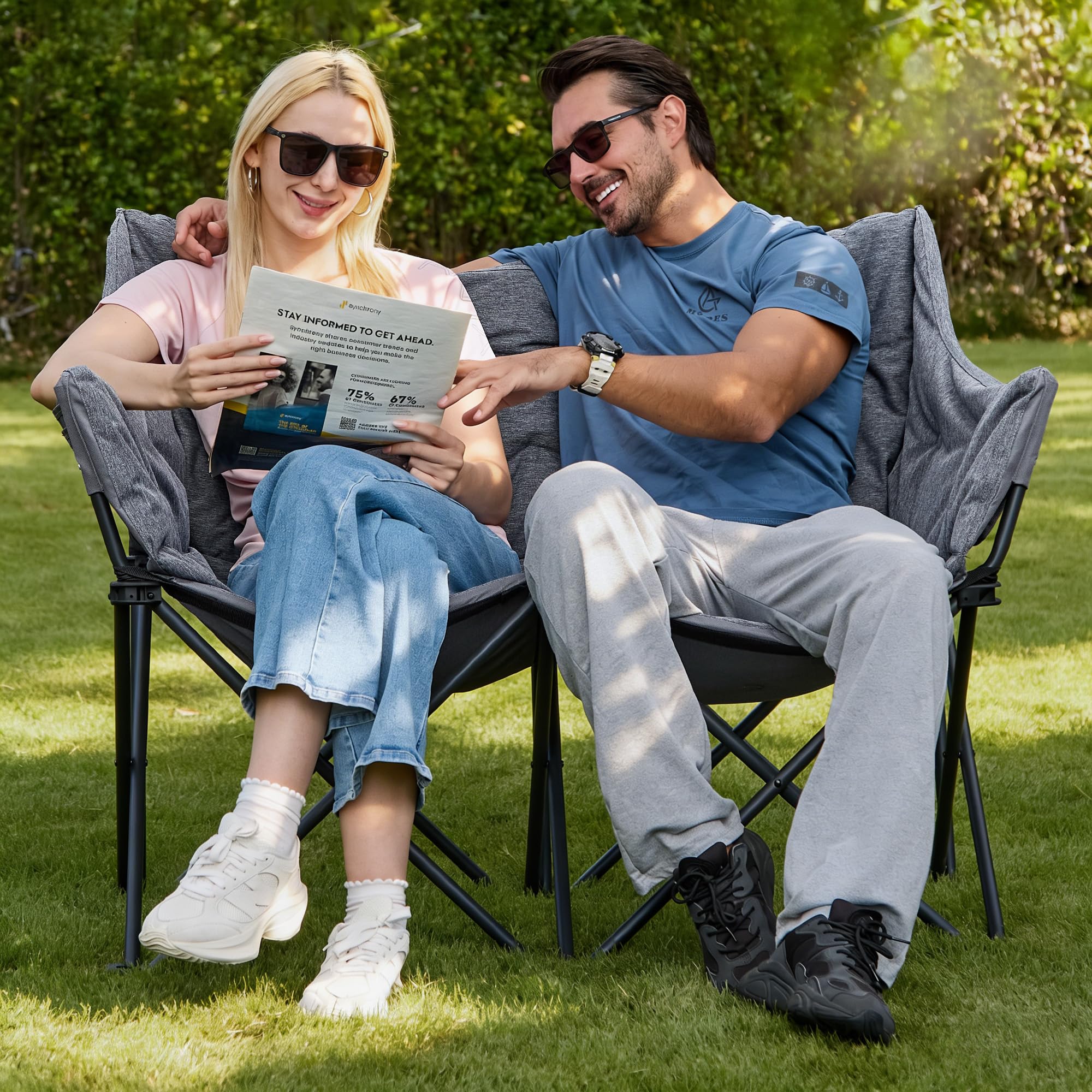 Double Camping Chair Heavy Duty Oversized Padded Loveseat for Adults 2 Person Outdoor Portable Camping Chairs for Lawn, Backyard, Fishing, Trip, Support 600lbs, Grey