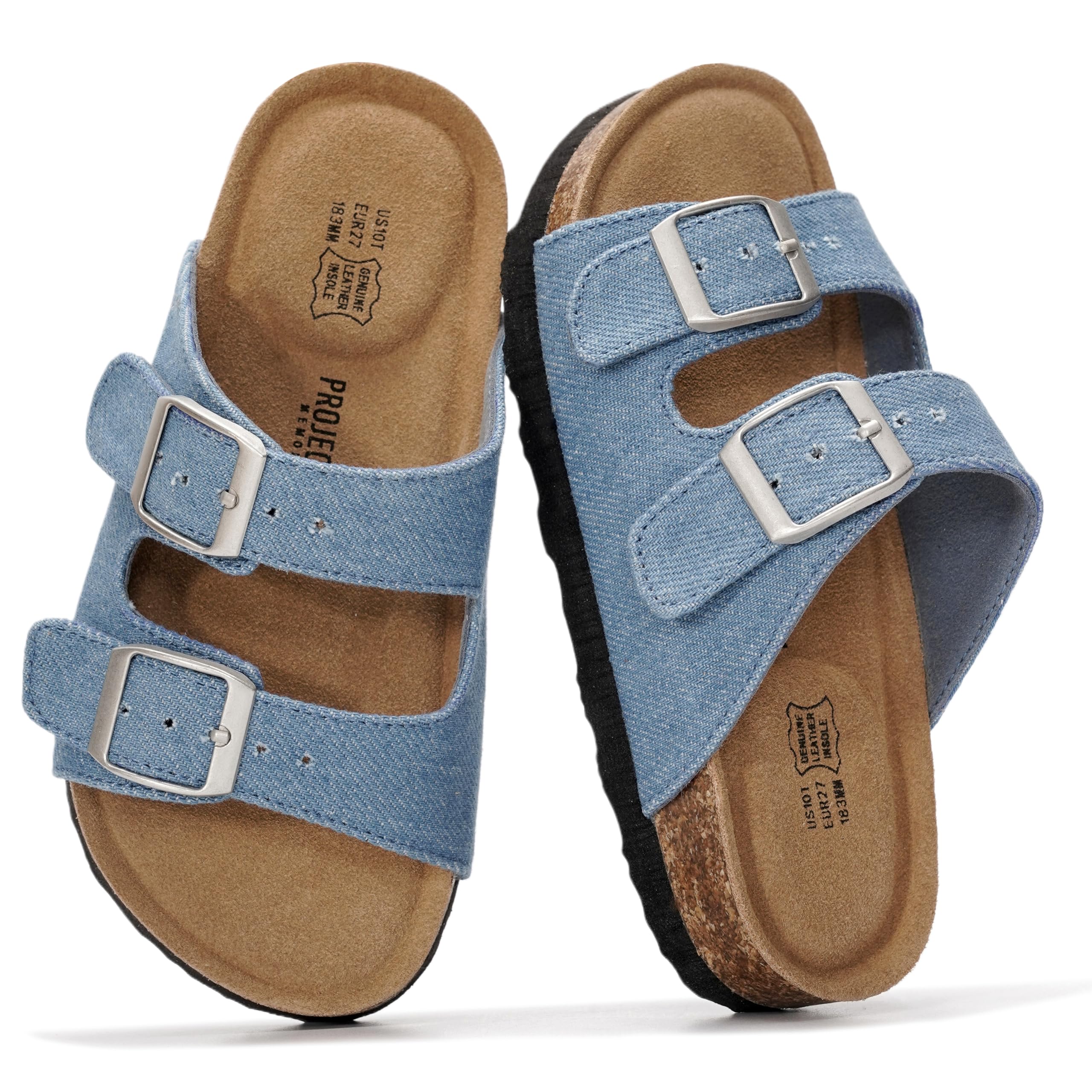 Project Cloud Kids Sandals 100% Genuine Leather - Natural Cork Footbed Non-Slip Slides for Kids - Lightweight Boys & Girls Sandals - Water-Resistant Girls & Boys Sandals