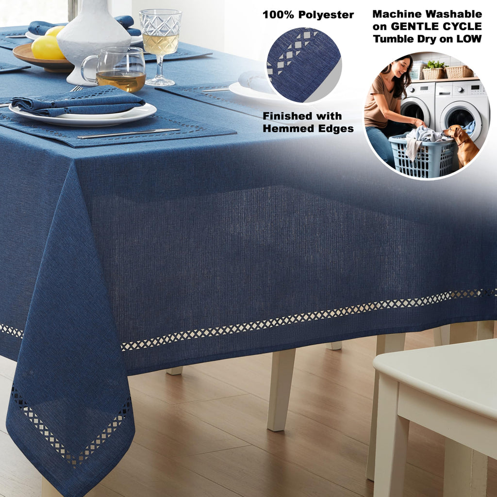 Newbridge Rectangle Fabric Placemats, Set of 4 Placemats, Provence Lattice Cutwork Solid Color Textured, Water and Stain Resistant Easy Care, Denim Blue