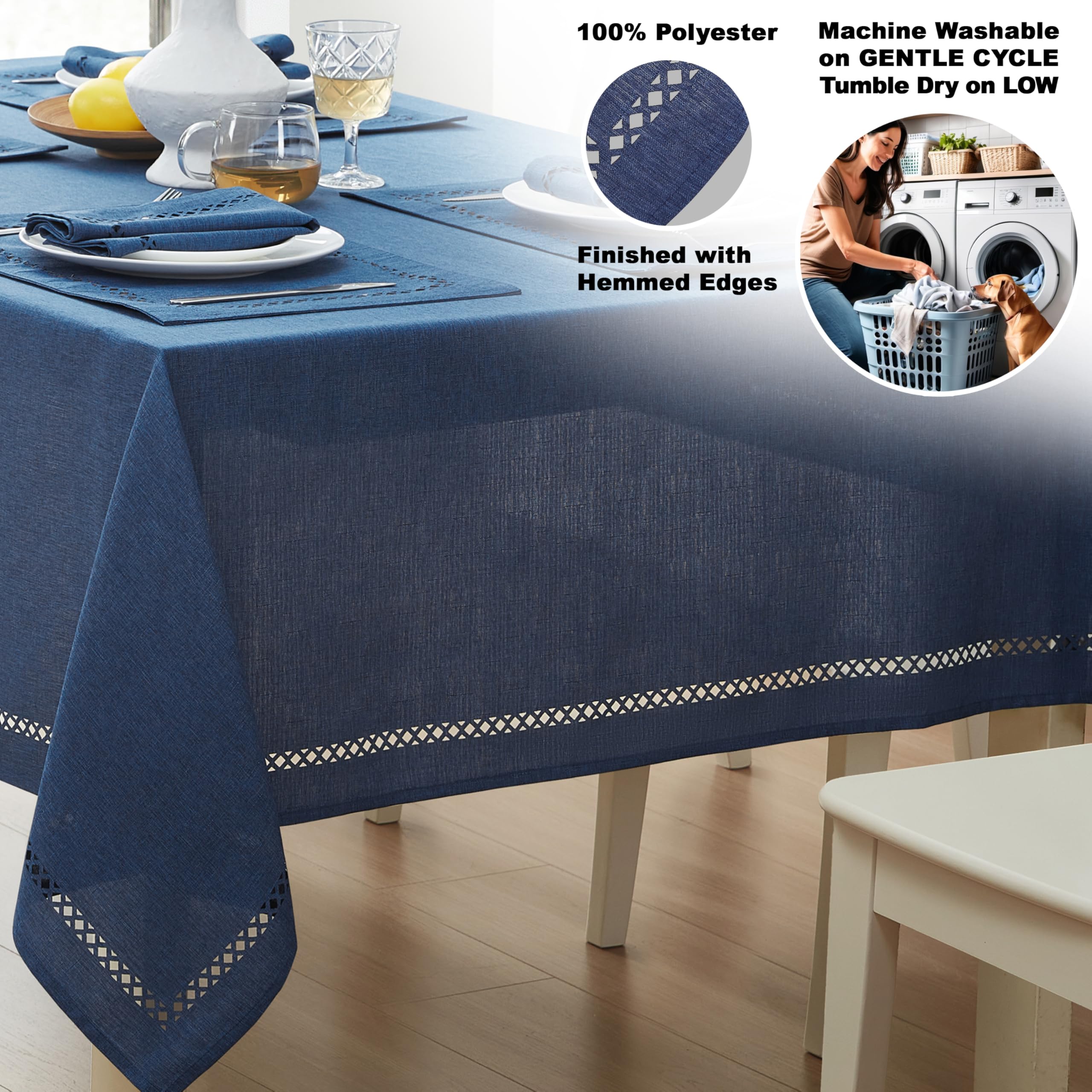Newbridge Rectangle Fabric Placemats, Set of 4 Placemats, Provence Lattice Cutwork Solid Color Textured, Water and Stain Resistant Easy Care, Denim Blue