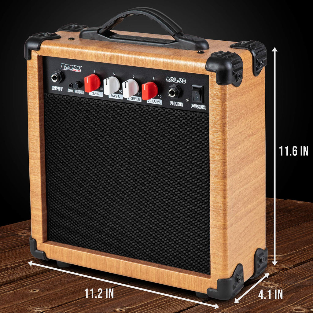 LyxPro Electric Guitar Amp 20 Watt Amplifier Built in Speaker Headphone Jack and Aux Input Includes Gain Bass Treble Volume and Grind - Black