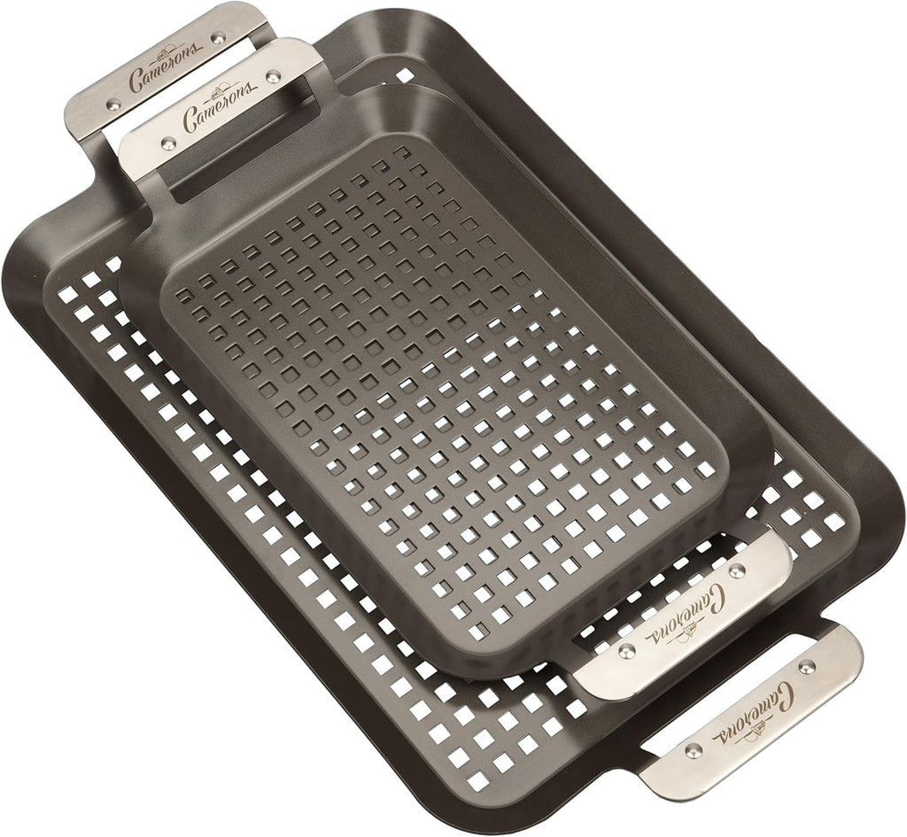 Camerons BBQ Grill Topper Grilling Pans (Set of 2)- Non-Stick Barbecue Trays w Stainless Steel Handles - Indoor Outdoor use for Barbecue & Smoked Meat, Vegetables & Seafood- Grill Gift for Fathers Day
