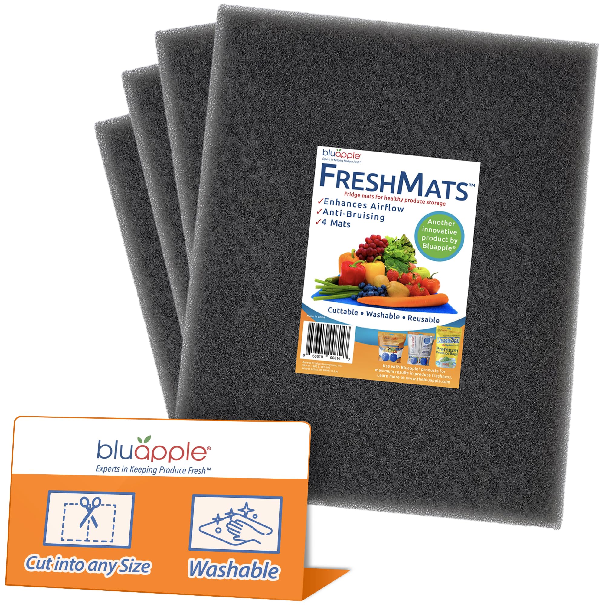 Bluapple FreshMats, Refrigerator Bin Liner, Fridge Drawer Mats, Crisper Life Extender Liner Keeps Produce Fresh Longer, Anti-Bruising, for Air Circulation, Washable & Reusable (4-Mats, 12x15, Black)