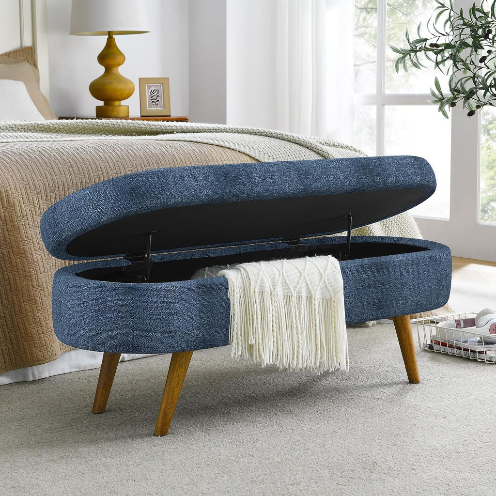 ECLYL Oval Storage Bench 43.5" Linen Fabric Upholstered Entryway Bench with Solid Wood Legs Ottoman Bench Indoor Bench for Living Room/Bedroom/End of Bed/Entryway (Blue)