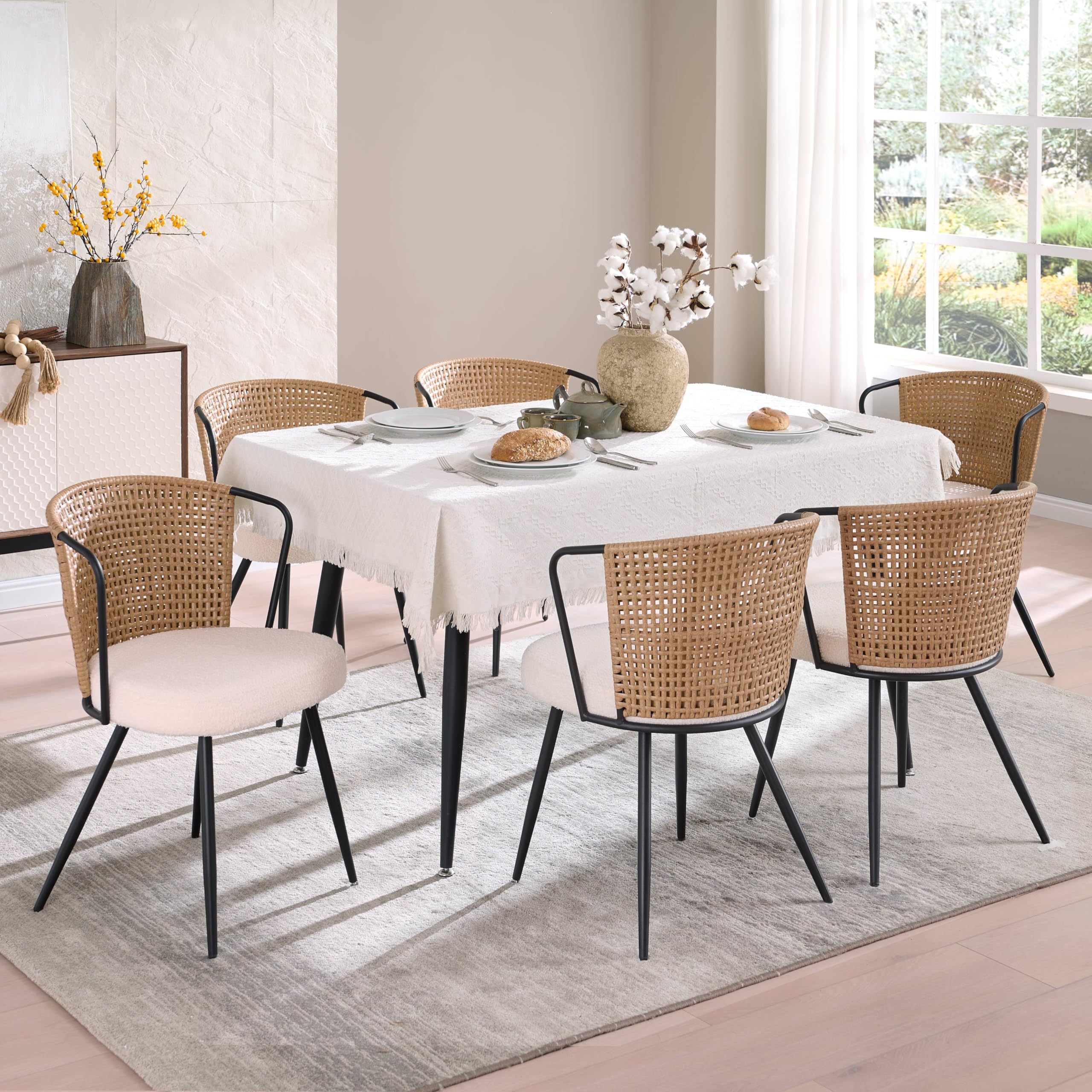 BedsPick Rattan Dining Chairs Set of 2 - Farmhouse Upholstered PE Rattan Kitchen Chair with Boucle Cushion, Wingback Dining Room Seat with Cane Back and Metal Legs for Home, Kitchen (Brown)