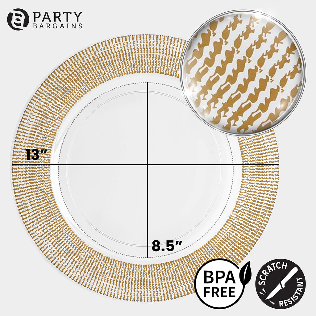 PARTY BARGAINS 13-Inch Charger Plates - 96 Pack, Clear Gold Rim, Heavy-Duty Disposable Chargers for Elegant Dining - Ideal for Weddings and Formal Events