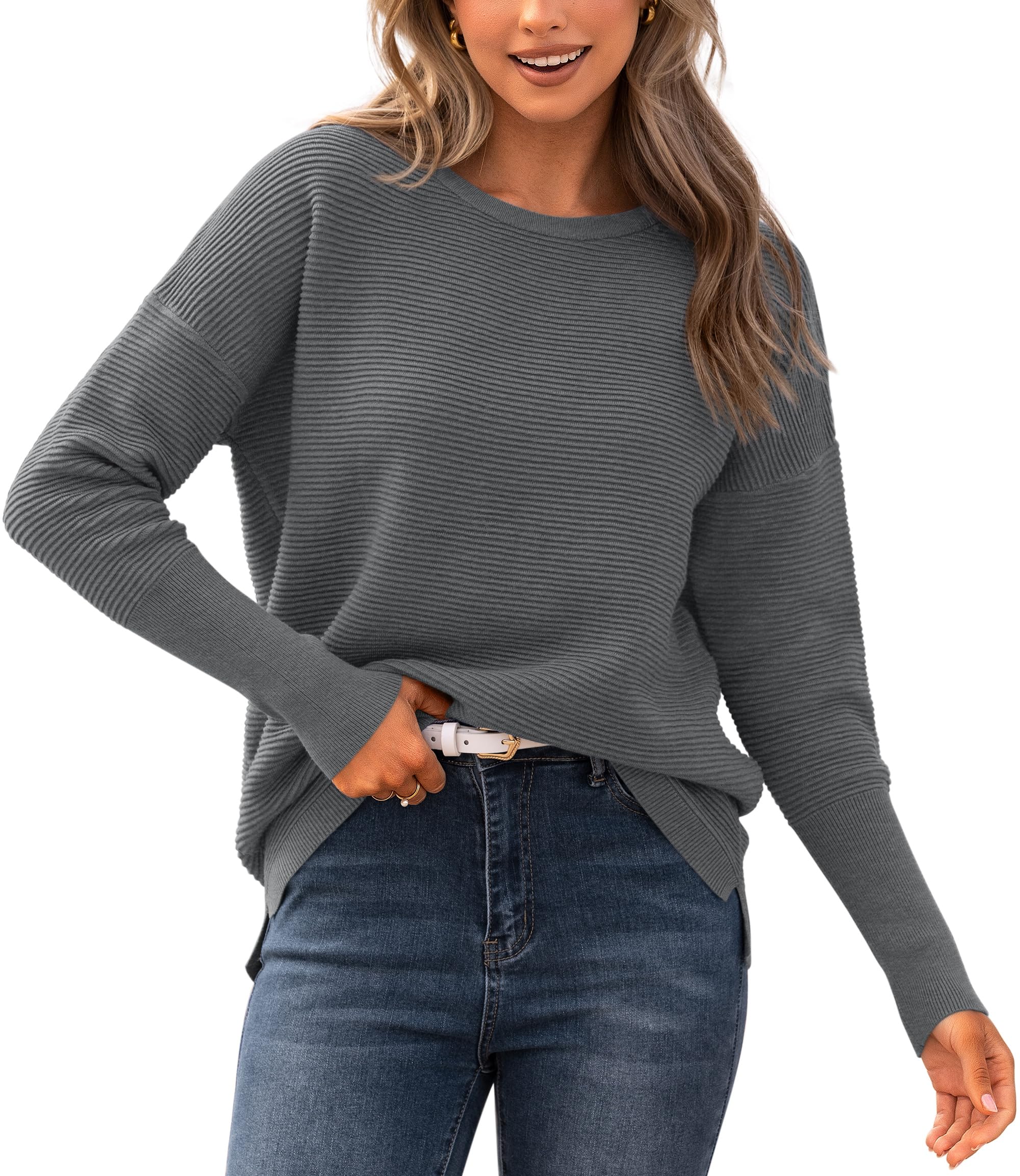 BTFBM Fall Sweaters for Women 2026 Casual Long Sleeve Sweater Striped Loose Fit Pullover Tops