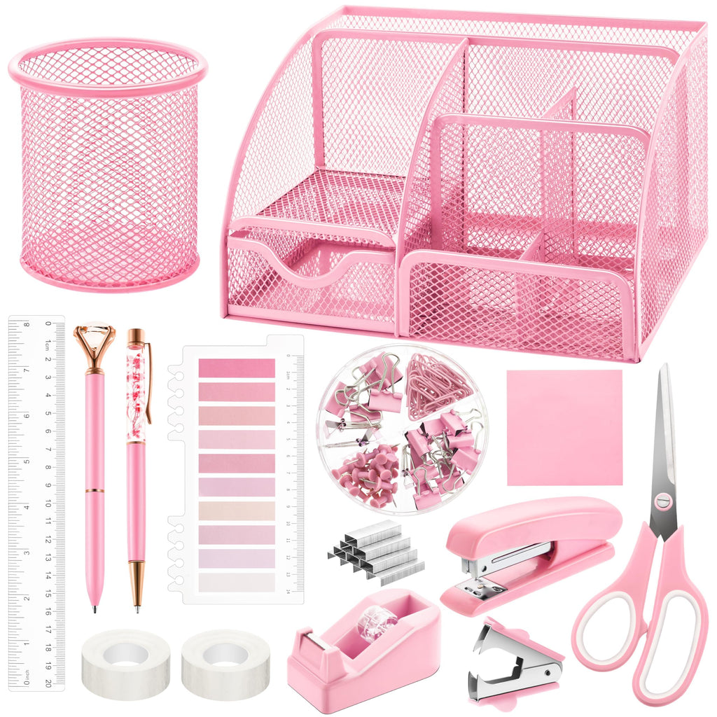 Fayoo 11 Pcs Pink Office Supplies Set Mesh Desk Organizer Accessories Kit include Stapler Tape Dispenser Staple Remover Clips Ruler Scissors Sticky Notes for Office School Home Women (Pink)