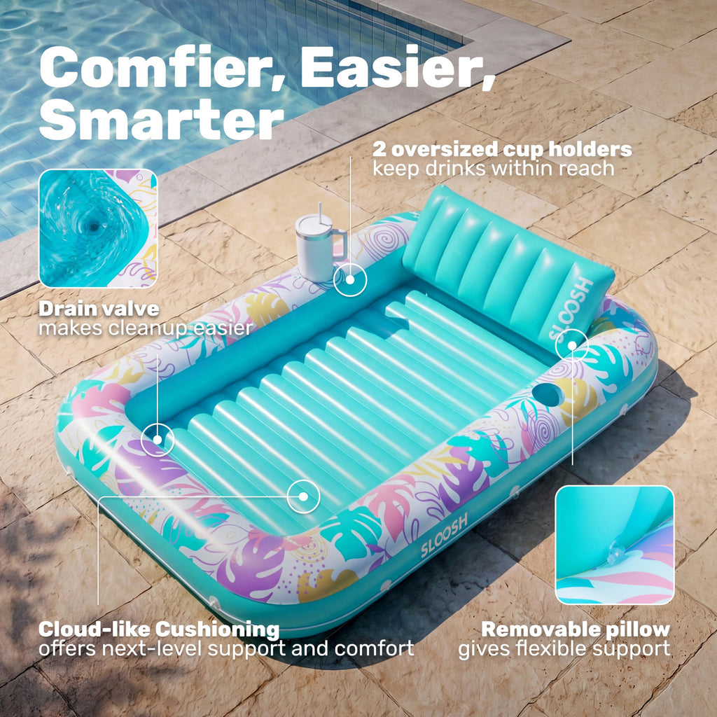 SLOOSH Inflatable Tanning Pool Lounger Float, 85" x 57" Extra Large Pool Floats Adult with Pillow, 4 in 1 Suntan Tub Raft Floatie,Sunbathing Bed Lounge for Water Blow Up Ball Pit Party Gifts, XL-Blue