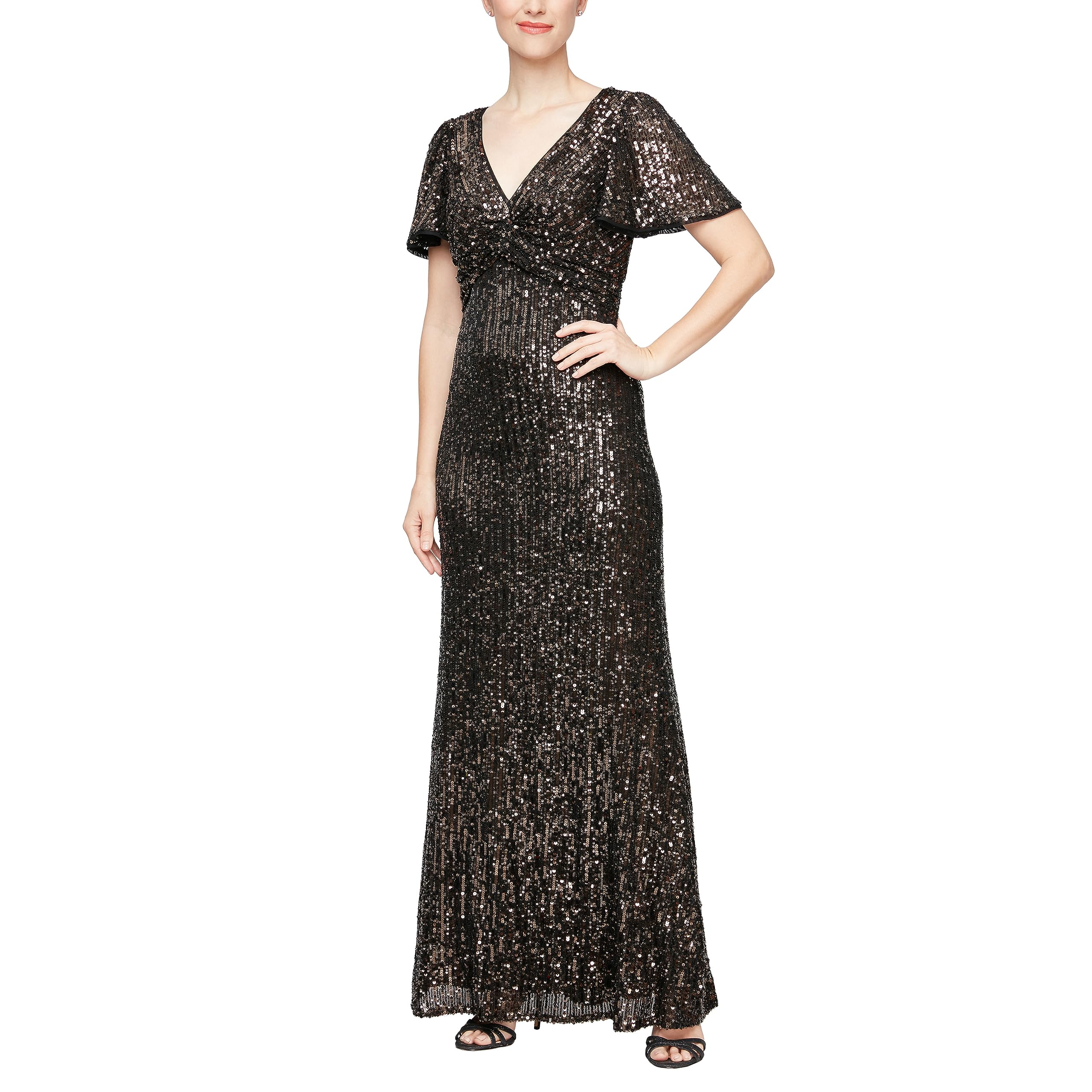 Alex Evenings Women's Long Stretch Sequin Bodice Mother of The Bride Dress with Empire Waist (Petite and Regular Sizes)