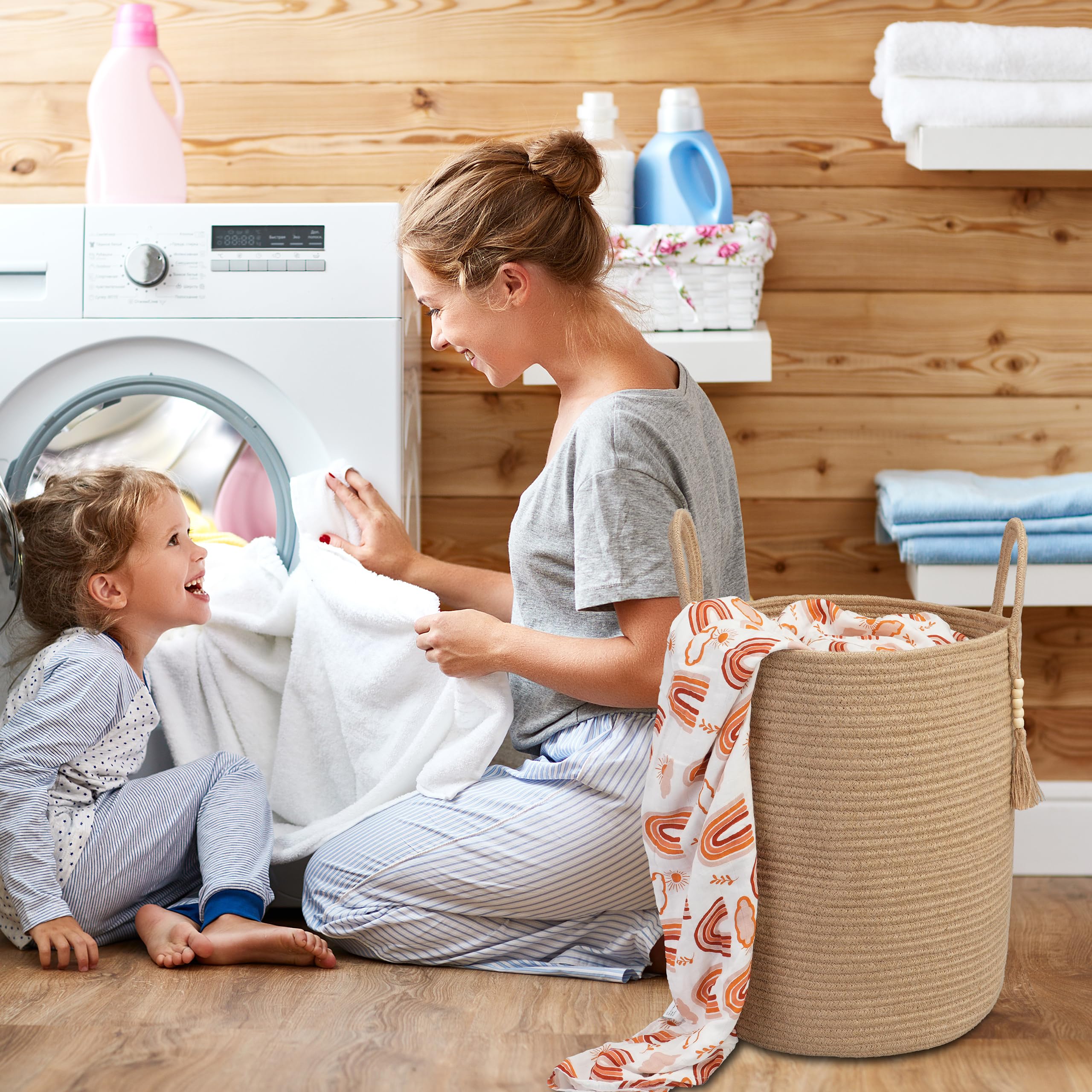 XUANGUO Black Cotton Rope Laundry Basket Hamper for Clothes Woven Storage Basket for Living Room Bedroom Boho Tall Rope Baskets for Blanket Toys Pillow Towels Baby Nursery Hamper Bin Large